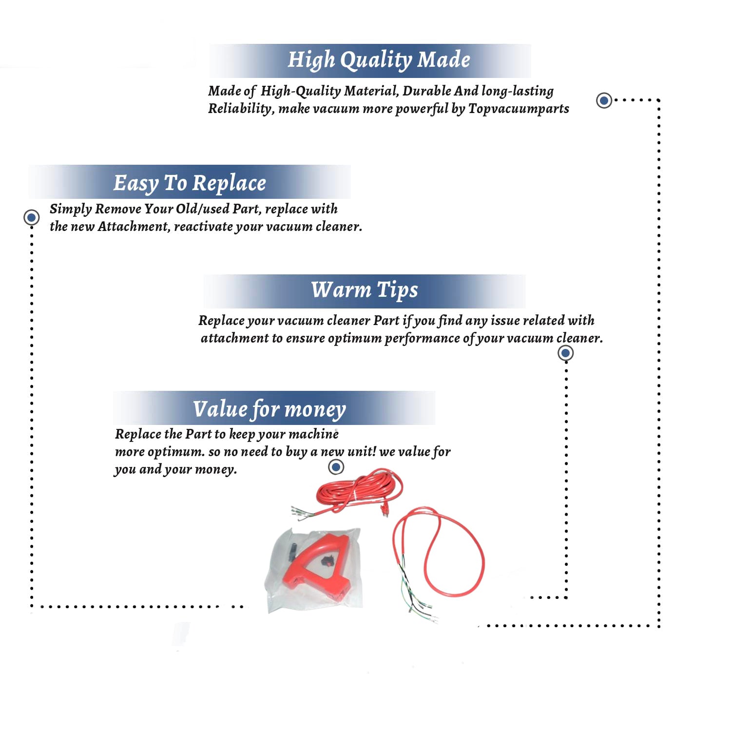 Topvacuumparts Replacement For oreck 9300G/2500 3/WIRE commercial upright Vacuum Cleaner CORD KIT- includes handle grip, switch,lead cord ,and cord