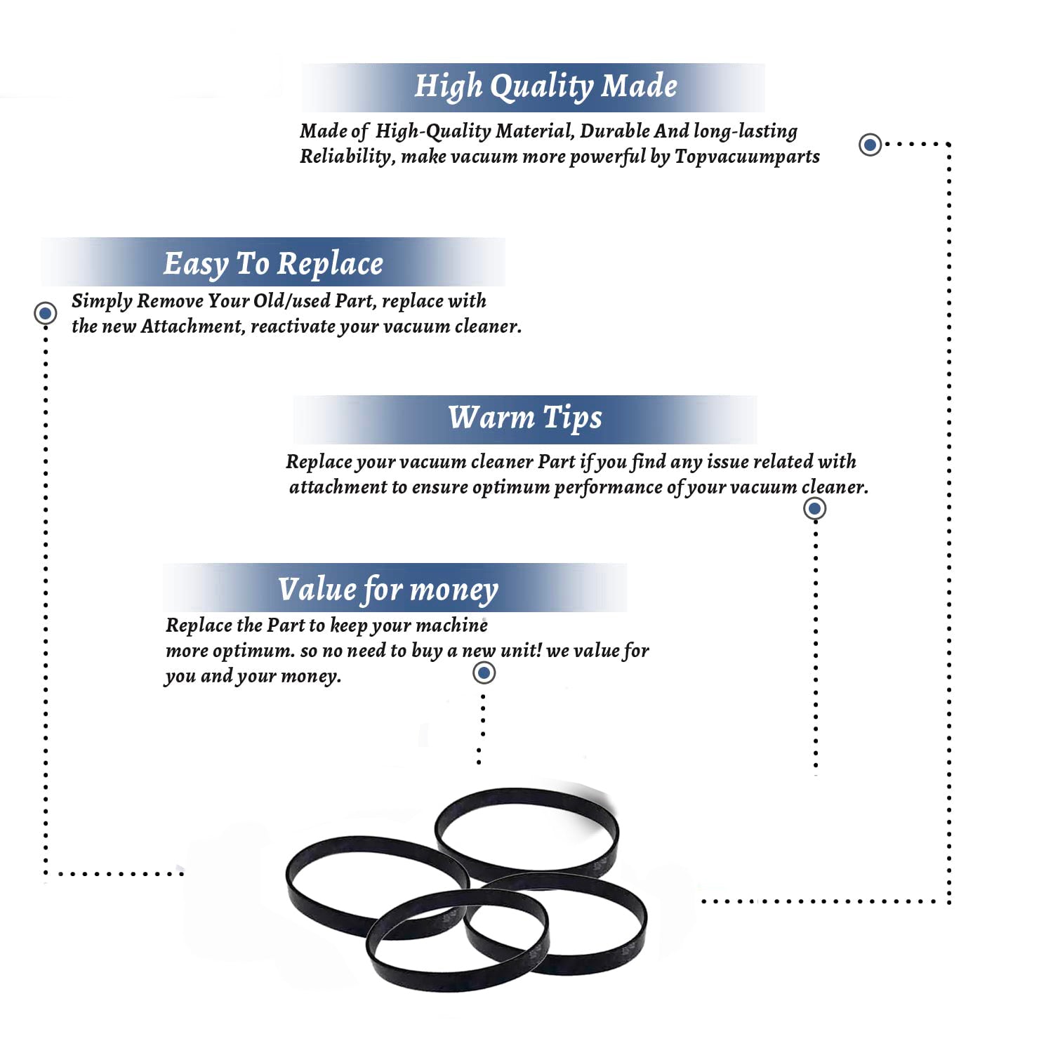 Topvacuumparts Replacement Part for Royal Style 15 Vacuum Cleaner Belts Dynamite Extreme & Vibe Quick Vac [4 Belt] # Compare to Part 1SN0220001