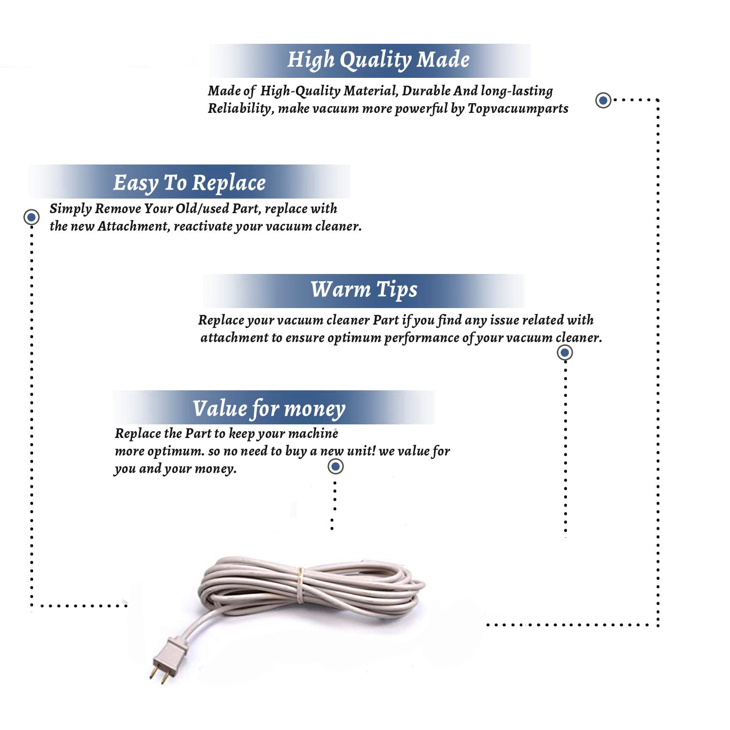 Topvacuumparts Replacement Part For Electrolux Vacuum Cleaner 20Ft Beige Round Pins with Female Plug # compare to part 26-5200-28