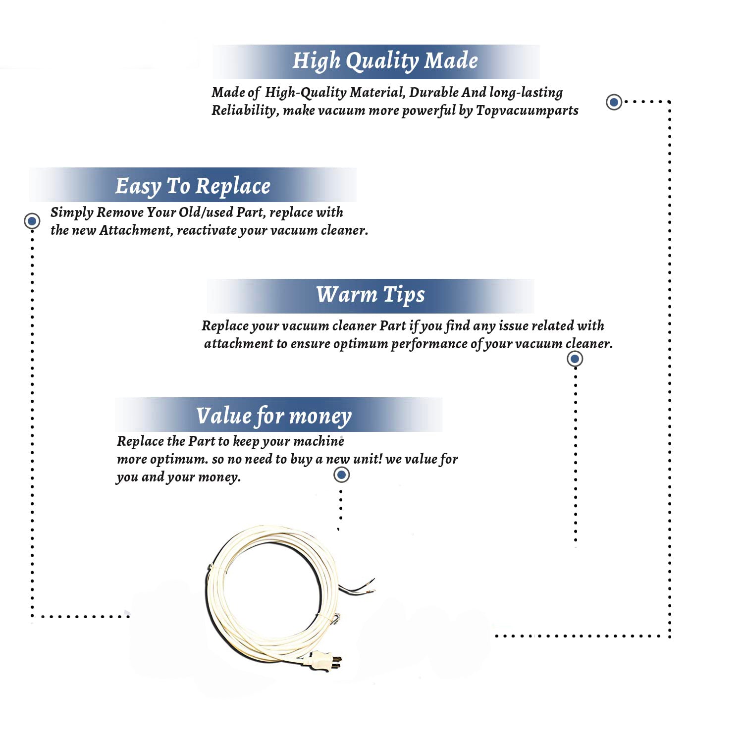 Topvacuumparts Replacement Part For Fit All Vacuum Cleaner 1250 Vacuum Cleaner 30' White Cord # compare to part 2777