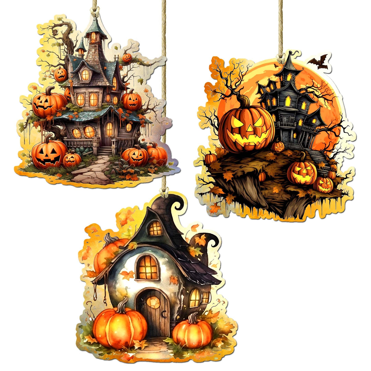 Spooky Houses Decorative Wooden Ornaments of 3 by G. Debrekht - Halloween Decor - 8091007-S3