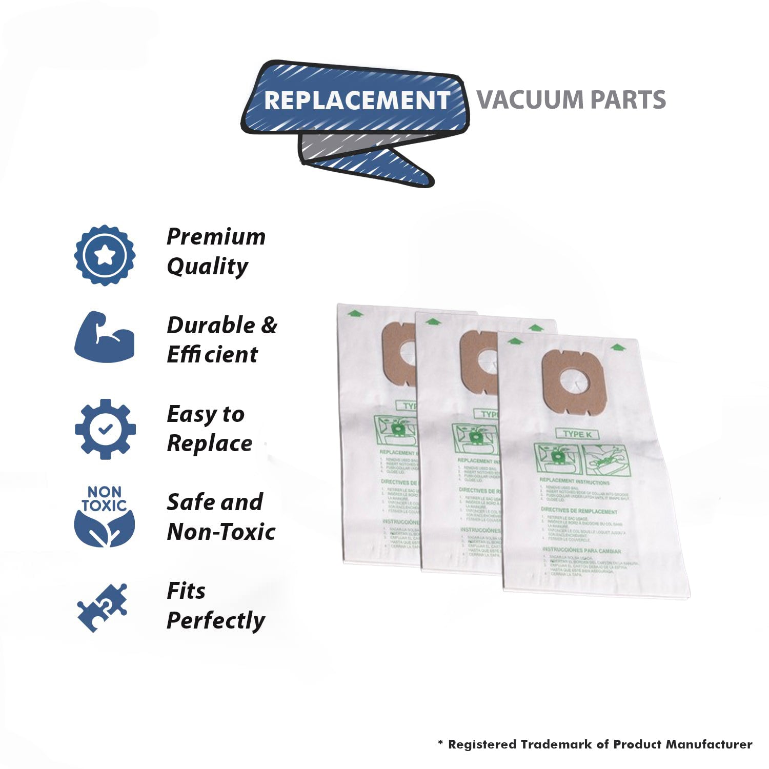 Topvacuumparts Replacement Part For Hoover VACUUM CLEANER BAGS Type K Canister Spirit 3/pack ASPIRATEUR SAC/ITEM # compare to part 4010028K