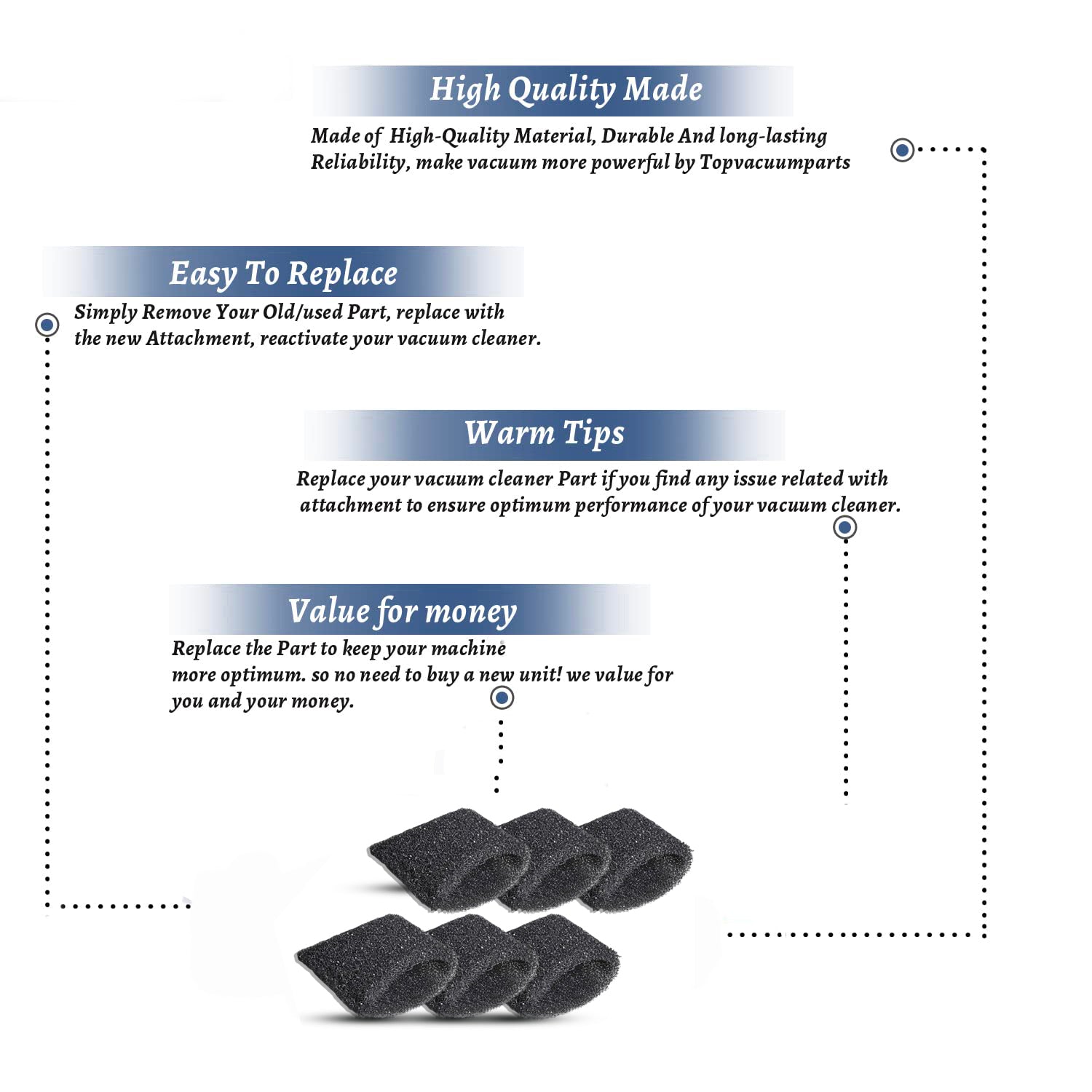 Topvacuumparts 6 Pack Sponge Foam Tank Filter Replacement For Hoover Steam Vacuum Cleaner F5800 Series # compare to parts 440007364