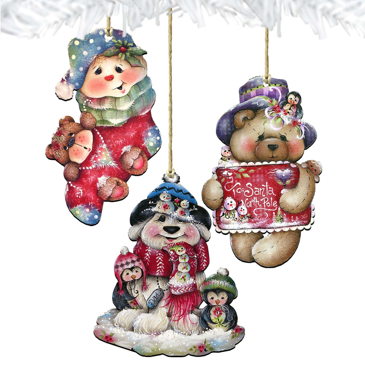Christmas Holiday Wooden Ornaments Set of 3 Jamie Mills-Price - Christmas Santa Snowman Decor - 8100038S3-MP