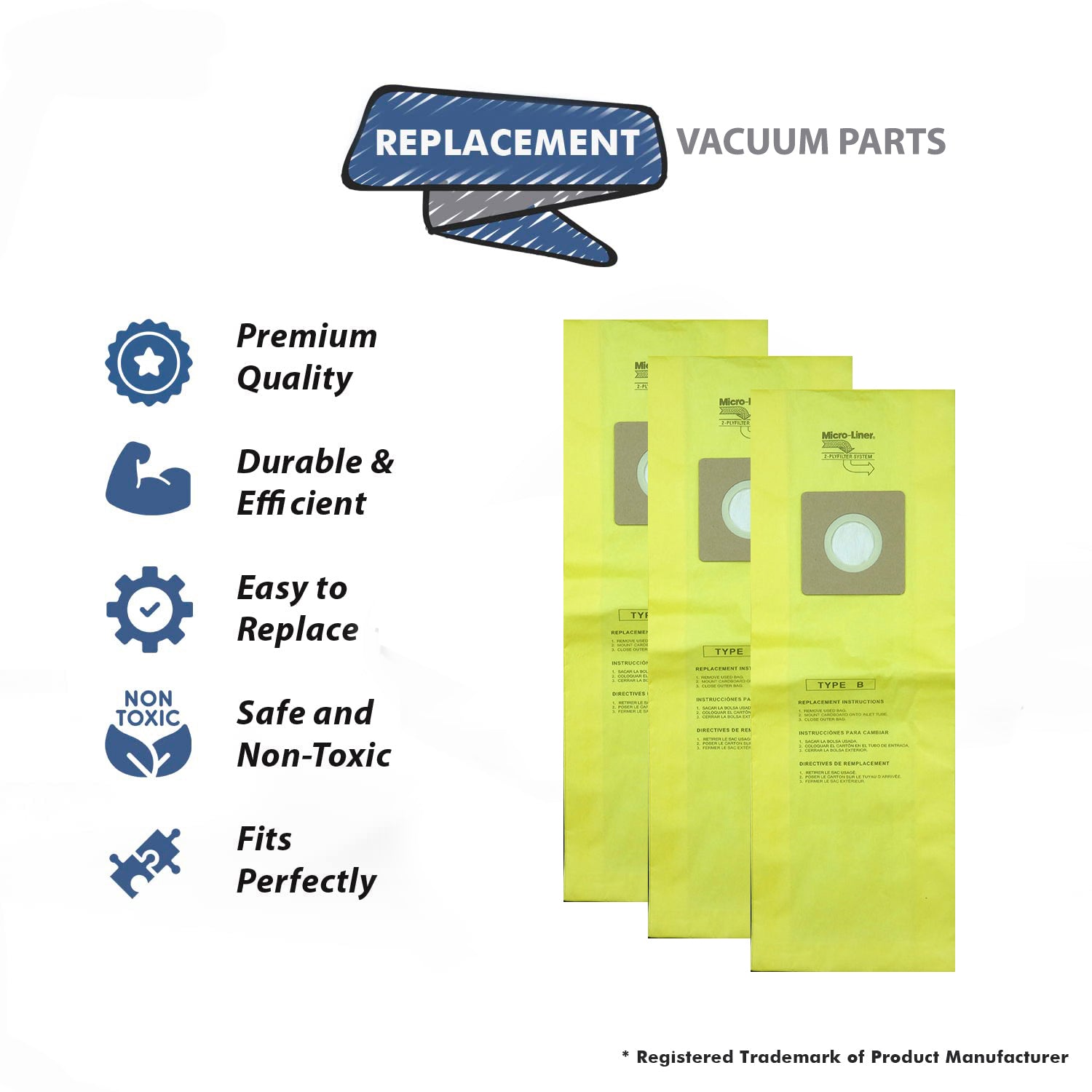 Topvacuumparts Replacement Part For Royal DVC Type B, Vacuum Cleaner Microlined Paper Bags 3Pk # 471666