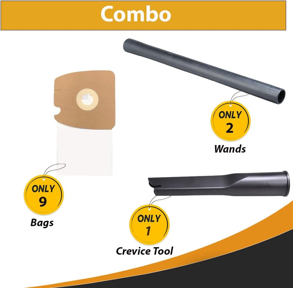 Topvacuumparts 2 Extension Wand 1 Crevice Tool & 9 Vacuum Bags Compatible For Eureka Mighty Mite 3670,3670G,3684A,3684B,3695A Series Canister Vacuums