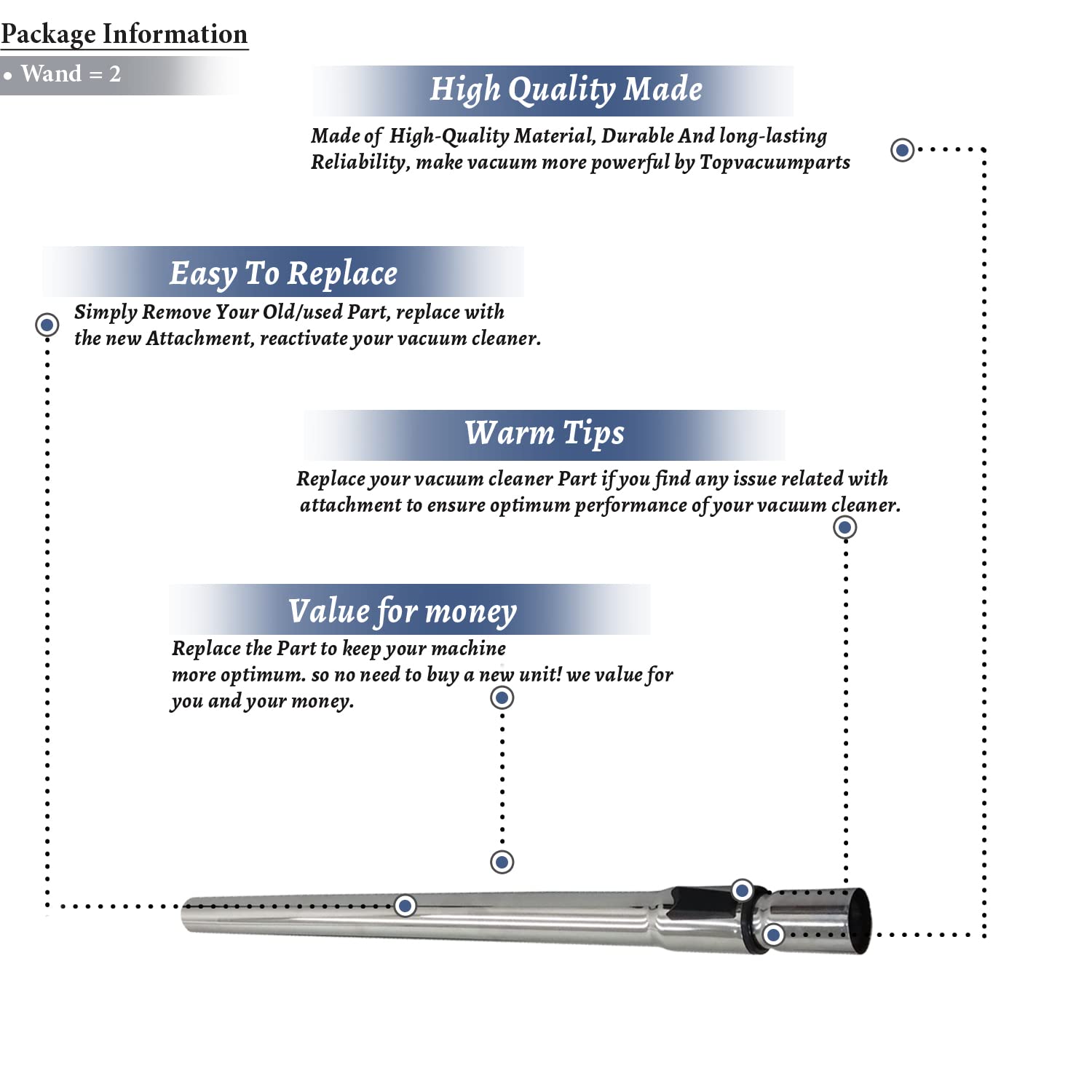 Topvacuumparts 2 Replacement for Miele 35mm Metal Chrome NON ELECTRIC Telescoping Wand. Fits Canisters with 35mm wand attachments #  part 54-1901-01