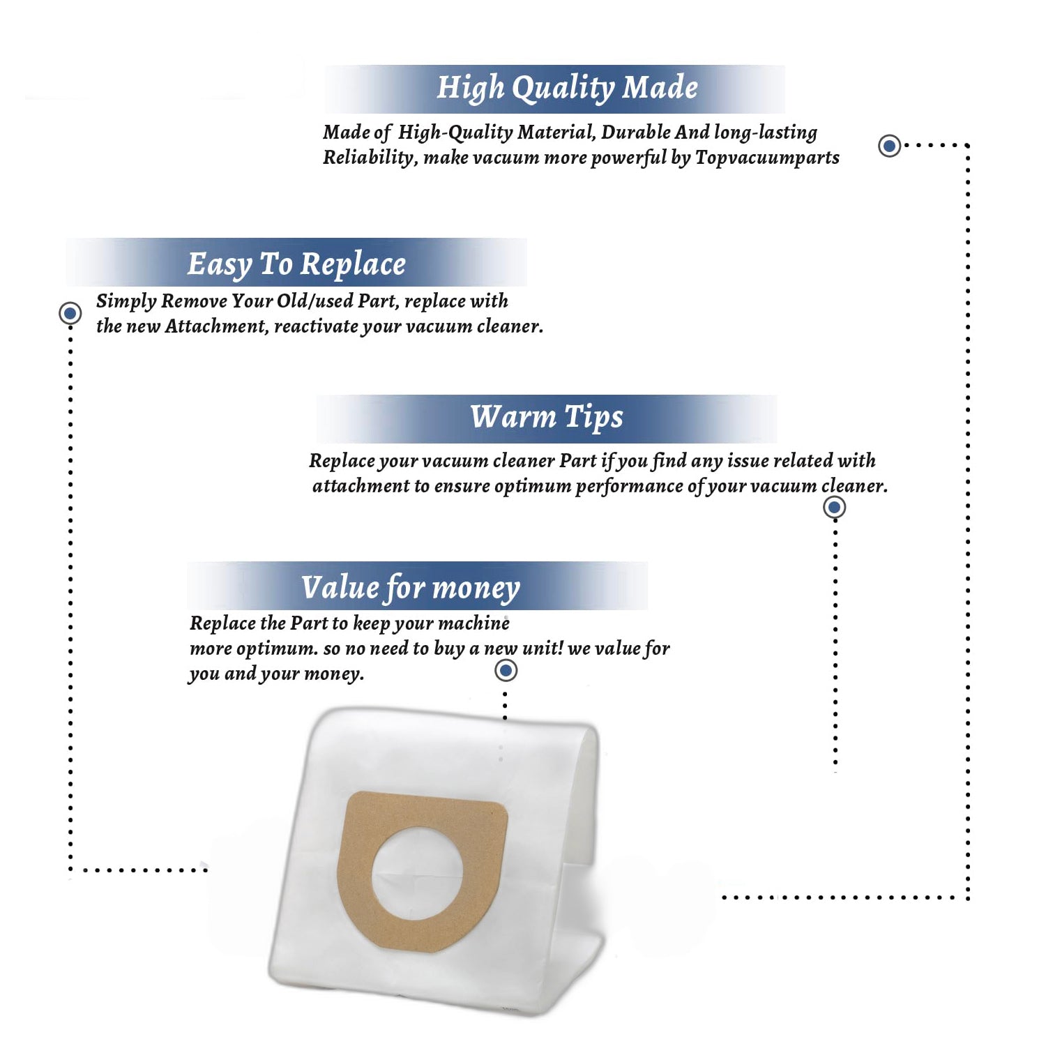 Topvacuumparts replacement part fits Hoover Type A vacuums, includes 3 durable bags for Supremacy, Tempo, Convertible, TurboPower # part 64700B