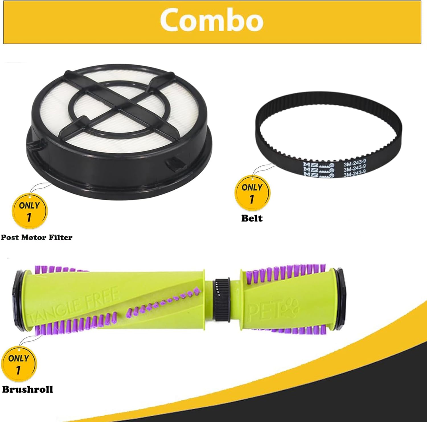 Topvacuumparts Kit for Bissell Pet Hair EraserTurbo Plus Vacuum Cleaner 2281, 22813, 22818, 2461, 24619, 24613 Models Brushroll, Belt, and filter kit