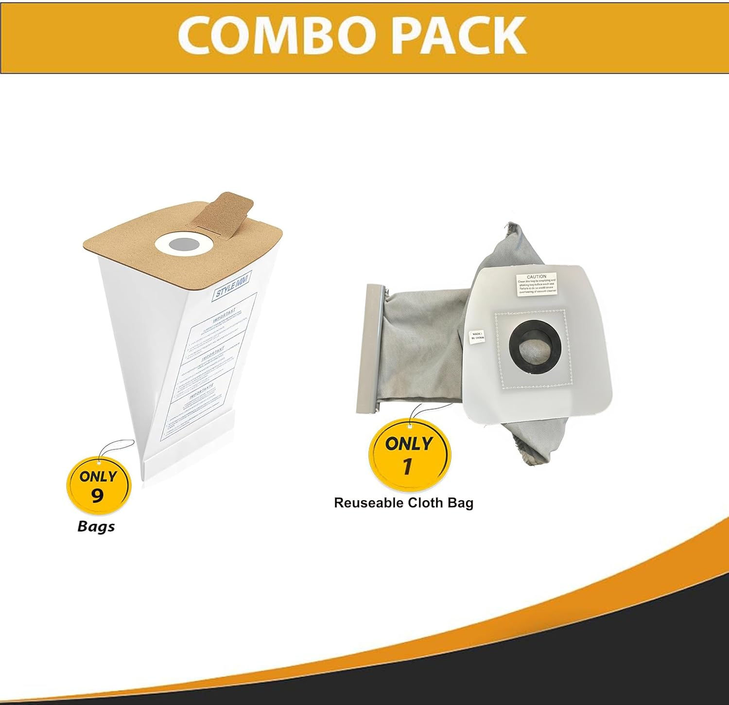 Topvacuumparts Style MM Reusable Cloth Bag and 9-Pack Vacuum Bags Compatible with Eureka Mighty Mite 3670 3680 Series Canister #39633