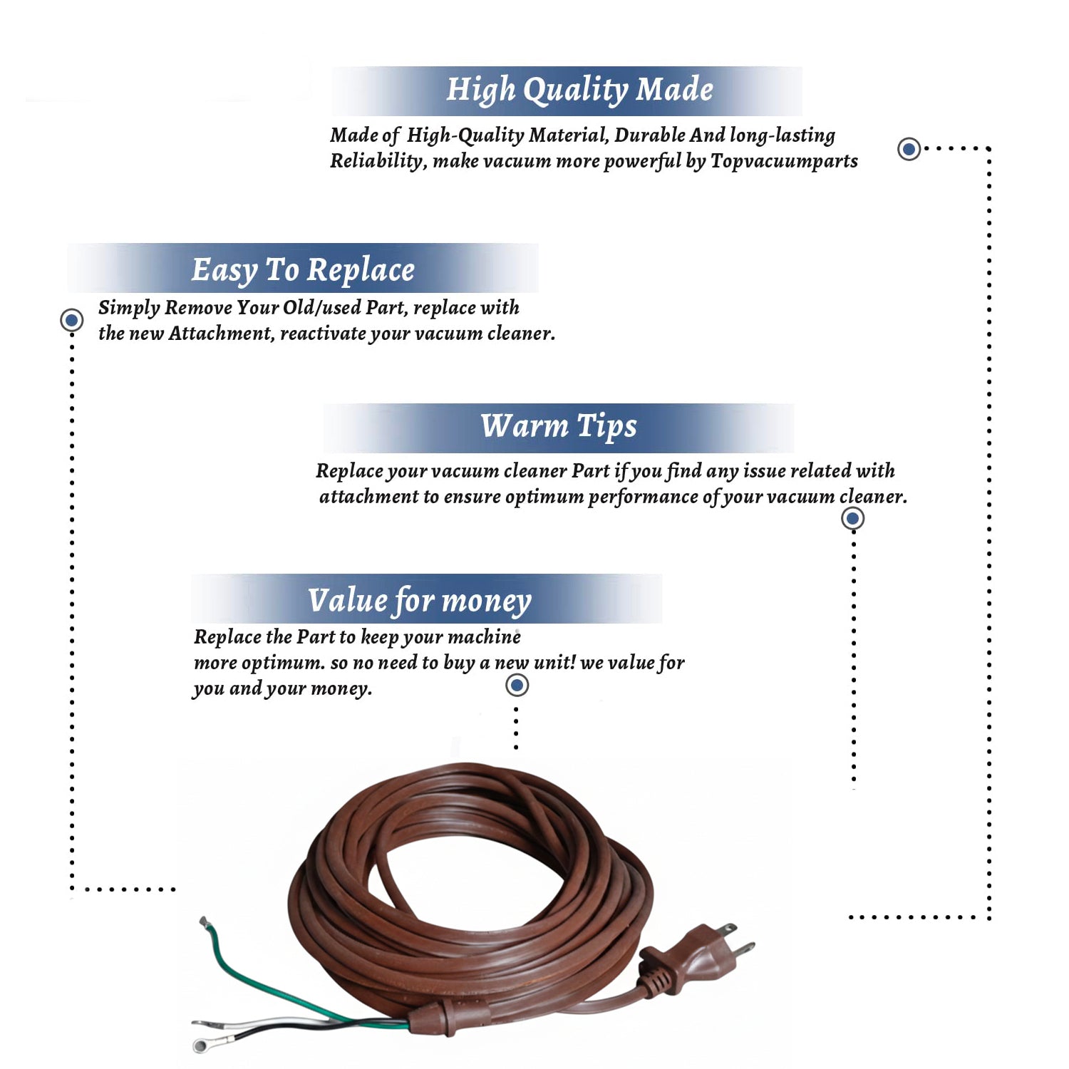 Topvacuumparts Replacement For D3 Vacuum 3 Wire Brown Power Cord Compatible With # compare to parts 78-5210-09