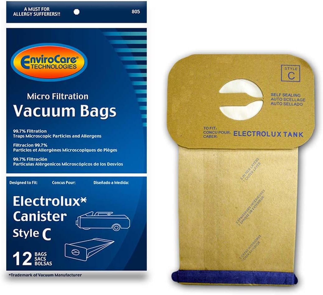 Topvacuumparts for EnviroCare Vacuum Bags for Electrolux Canister - Style C - Generic (Bag of 12) # compare to parts 805FPC
