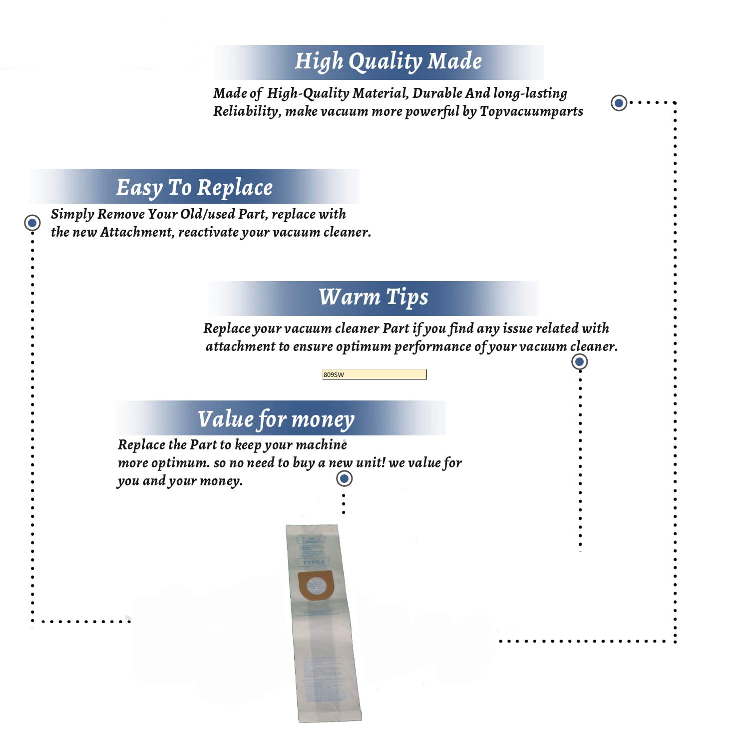 Topvacuumparts 809SW Replacement Part For Hoover Type A Upright Vacuums 9 Paper Bags # compare to part 809SW