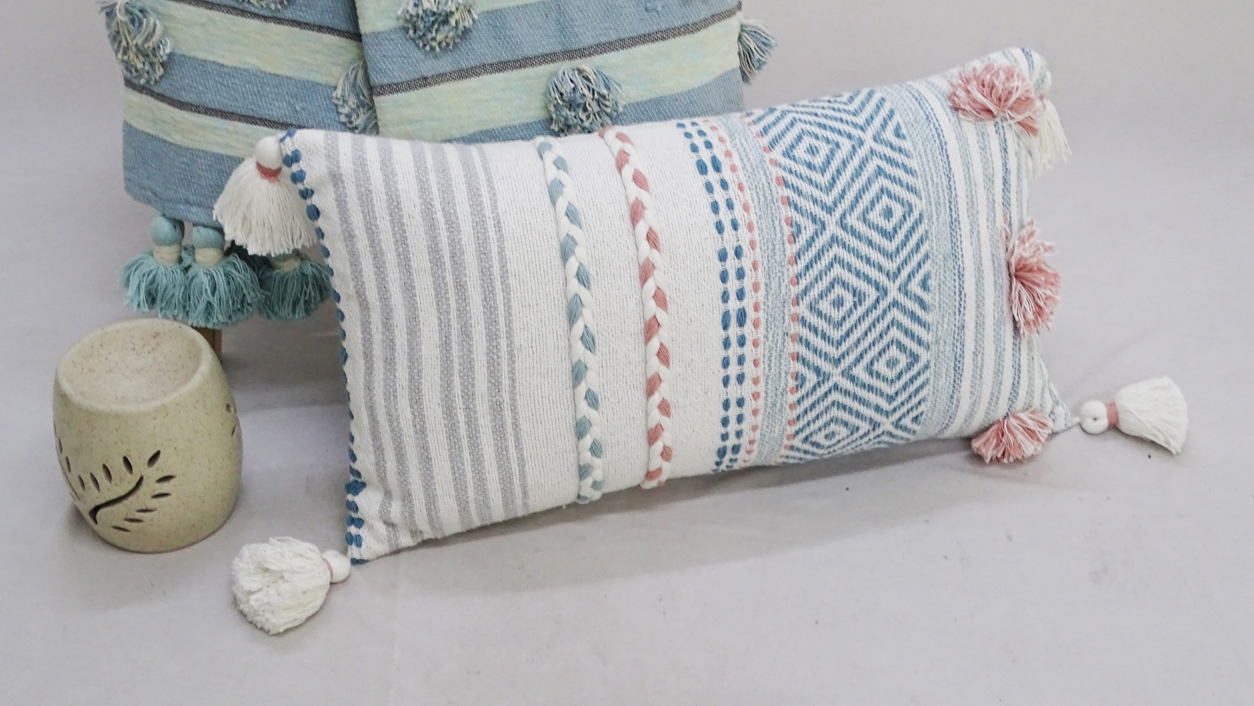 Striped Throw Pillow with Braid and Tassels 14