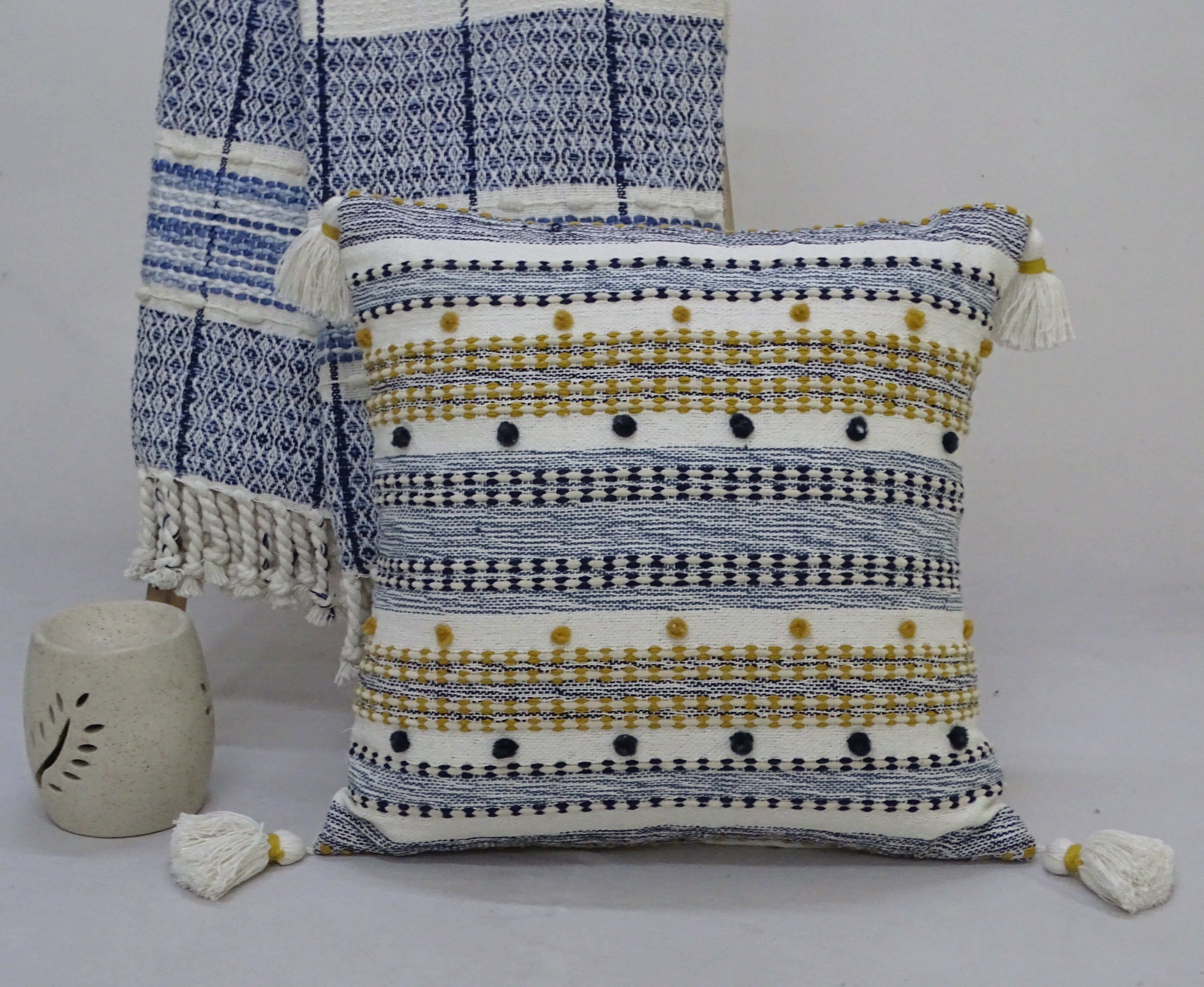 Designer Striped Pillow with Mini Poms and Tassels 20
