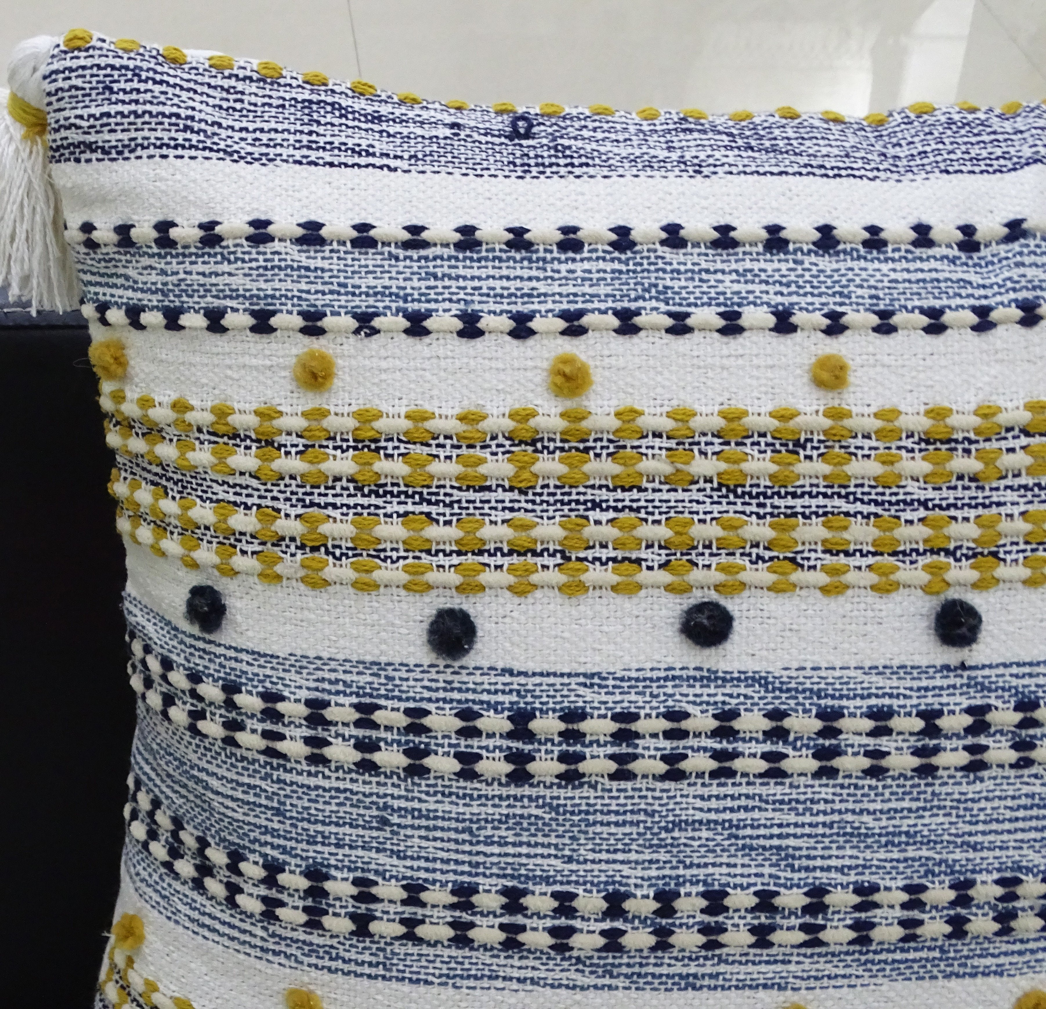 Designer Striped Pillow with Mini Poms and Tassels 20