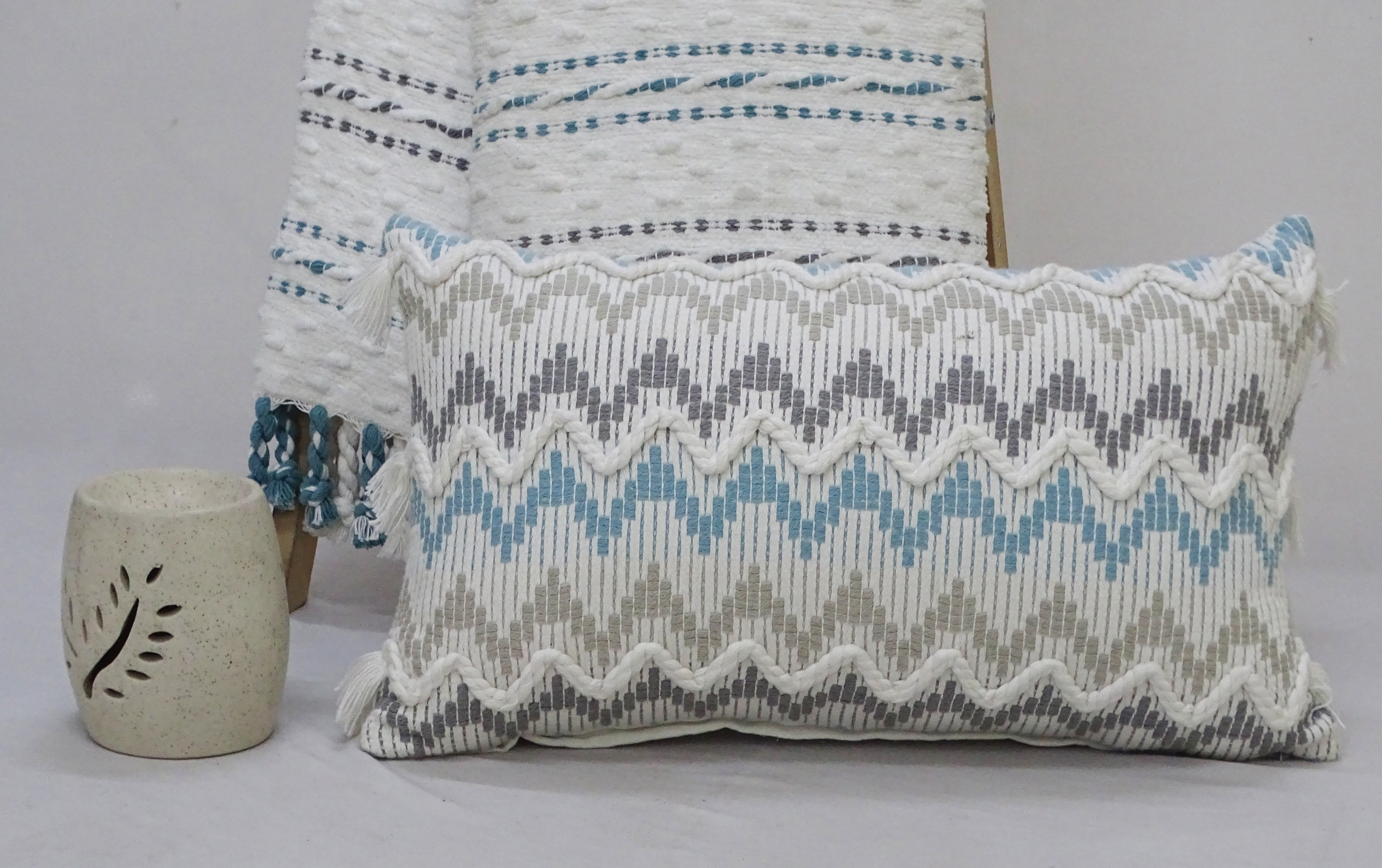 Chevron Throw Pillow for Sofa with Braid and Tassels 14
