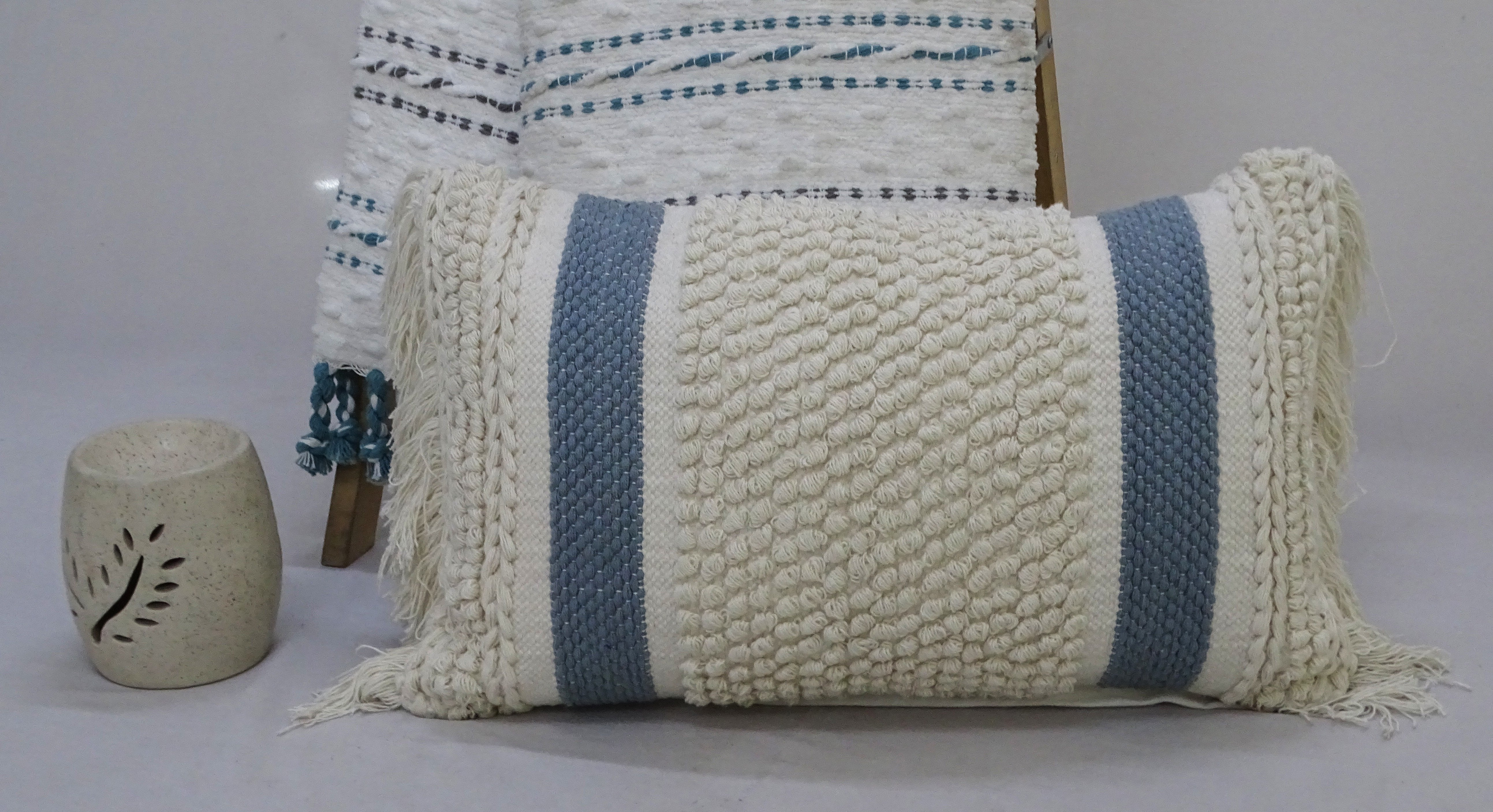 Decorative Striped Pillow with Loop Texture and Fringes 14