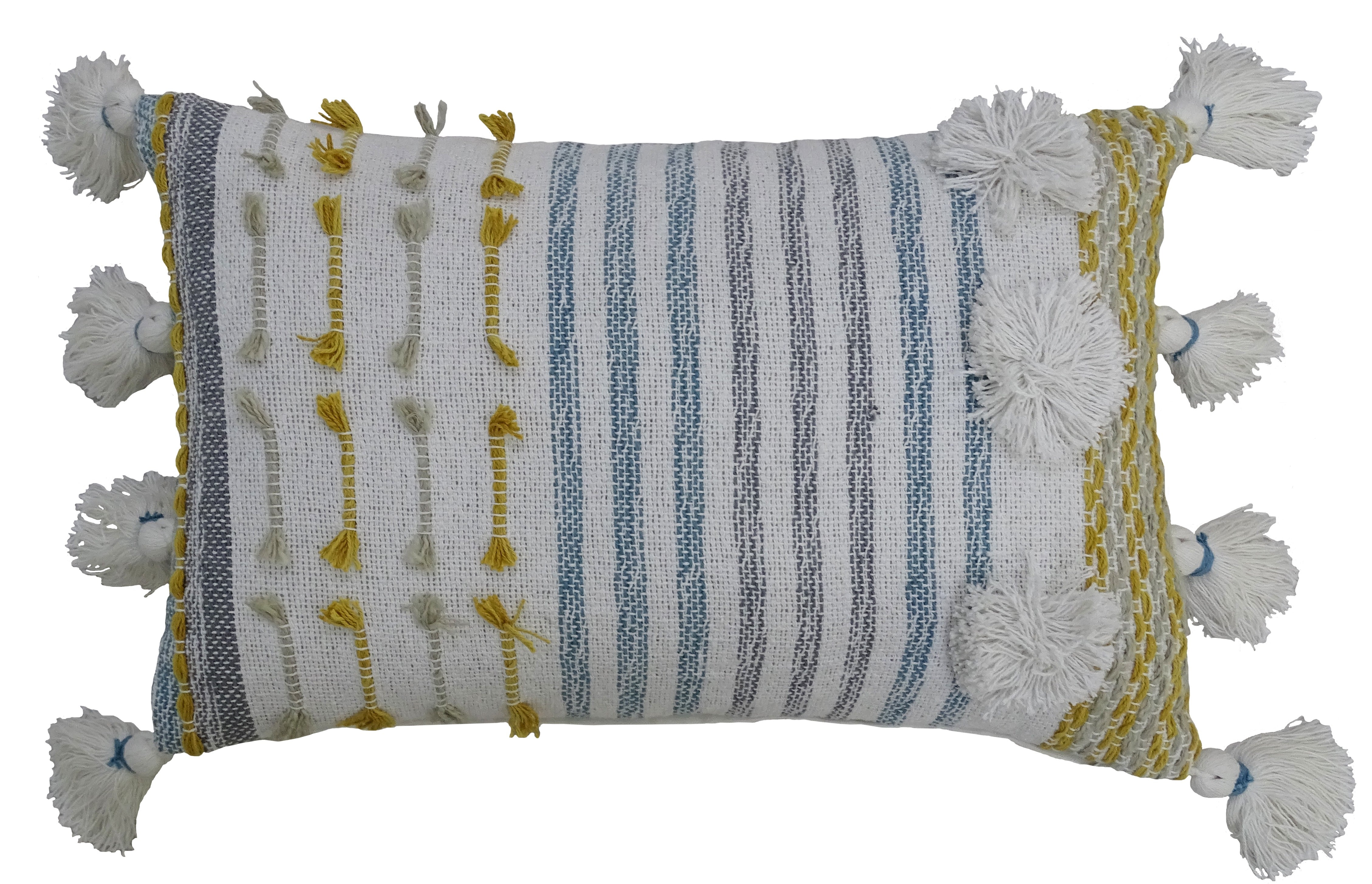 Designer Striped Pillow with Large Poms and Tassels 14