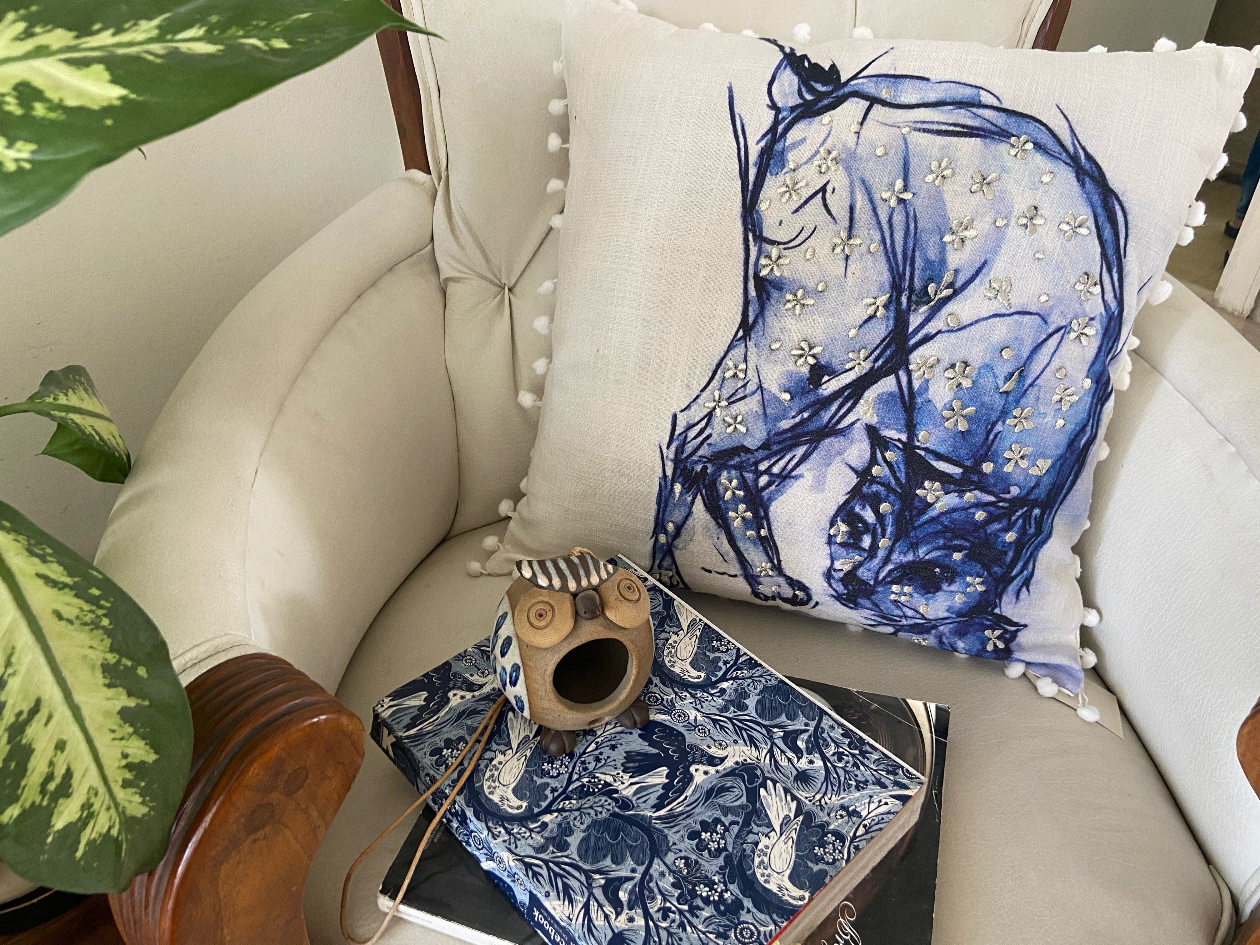 Blue Decorative Pillow with Pom-Poms Cat 18