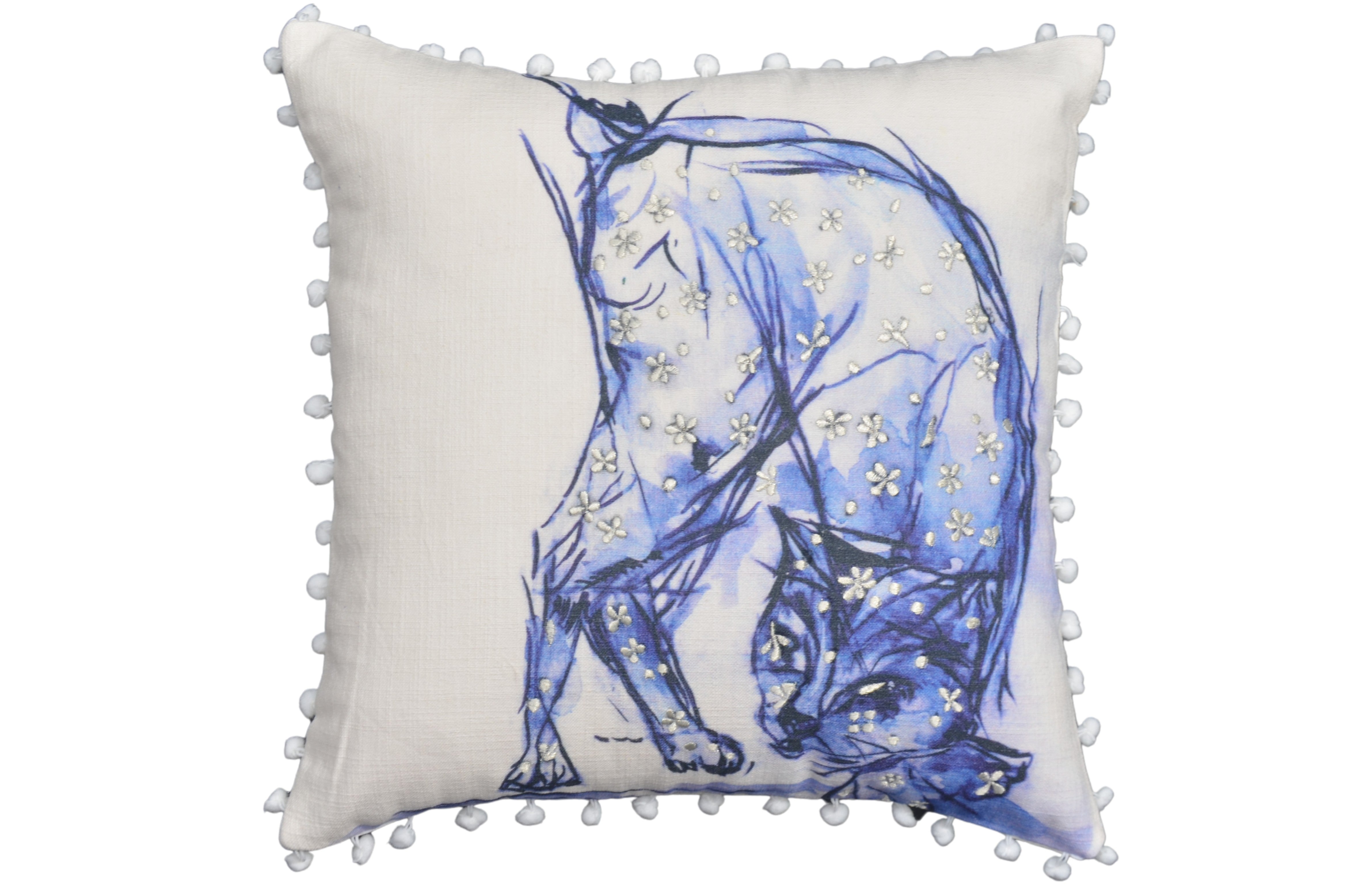 Blue Decorative Pillow with Pom-Poms Cat 18