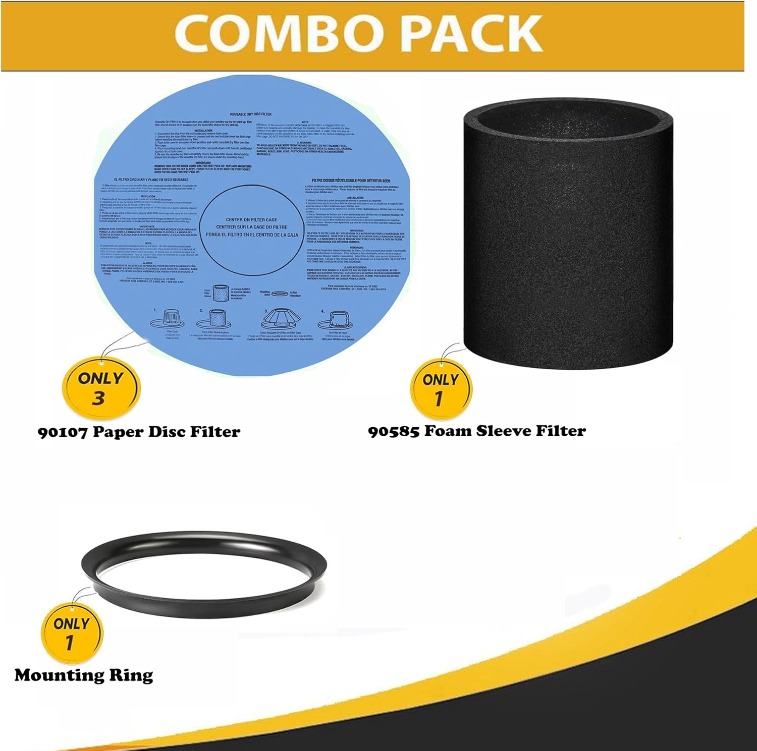 Topvacuumparts Dry Filter Replaces Shop-Vac 9010733 | Fits 5 Gallon+ Wet/Dry Vacuums | Includes Reusable Filter, Mounting Ring & 1 Foam Sleeve