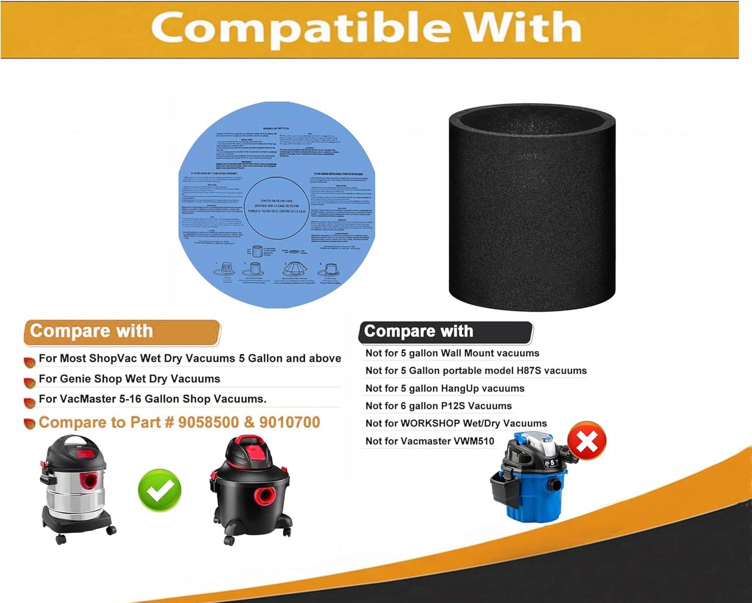 Topvacuumparts Dry Filter Replaces Shop-Vac 9010733 | Fits 5 Gallon+ Wet/Dry Vacuums | Includes Reusable Filter, Mounting Ring & 1 Foam Sleeve