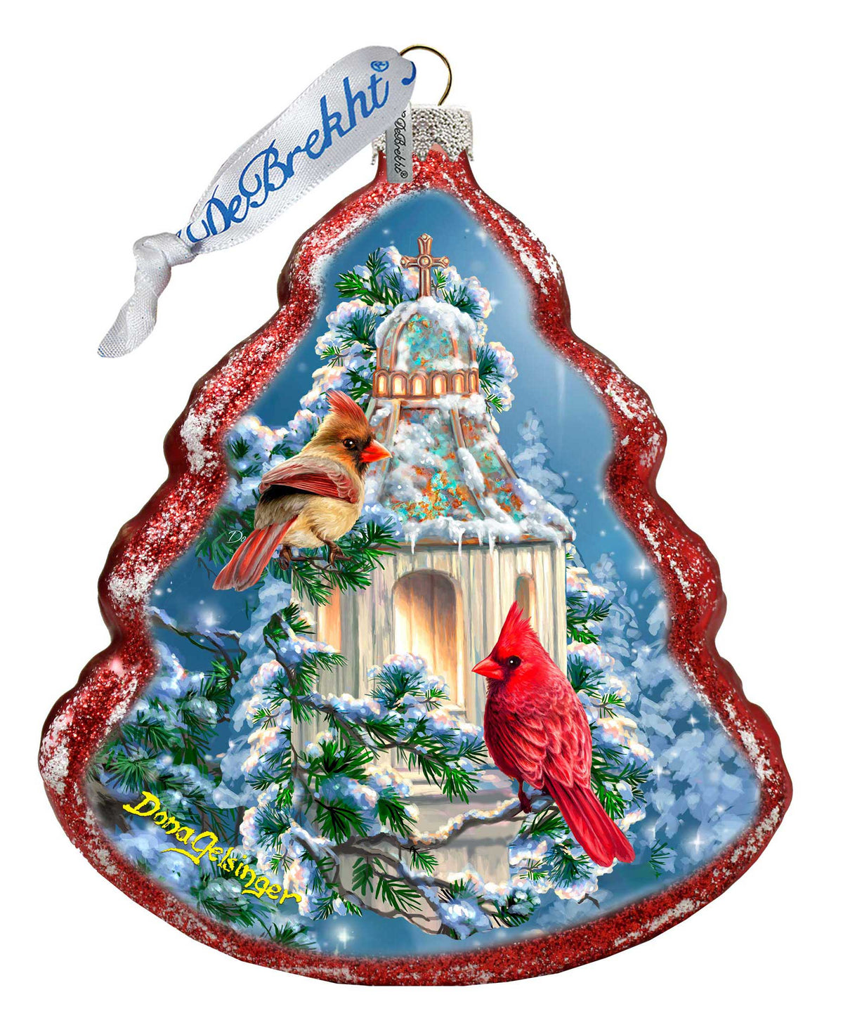 Little Cardinal Chapel Tree Glass Ornament by D. Gelsinger - Nativity Holiday Decor - 762-046-DG