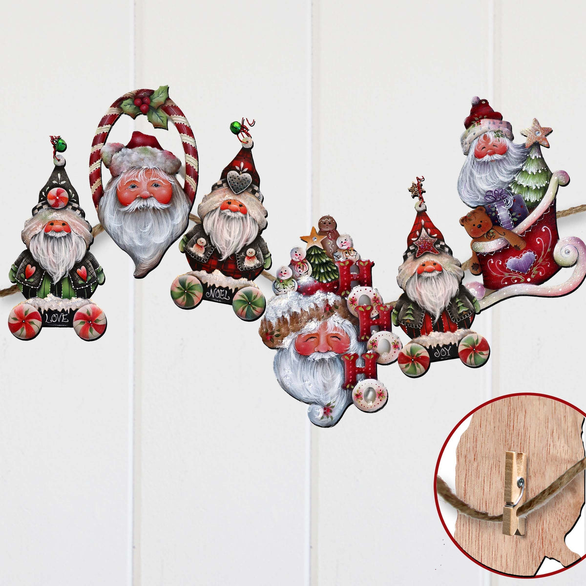 Magical Baby Santa Clip-On Eco Wood Decorative Ornaments Set of 6 by Jamie Mills-Price - Christmas Santa Snowman Decor - 8090051C-MP-S6