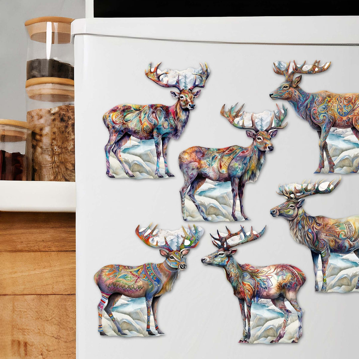 Iconic Caribou of Alaska Decorative Eco Wood Magnets Set of 6 by G. Debrekht - Wildlife Decor - 8090111G-S6
