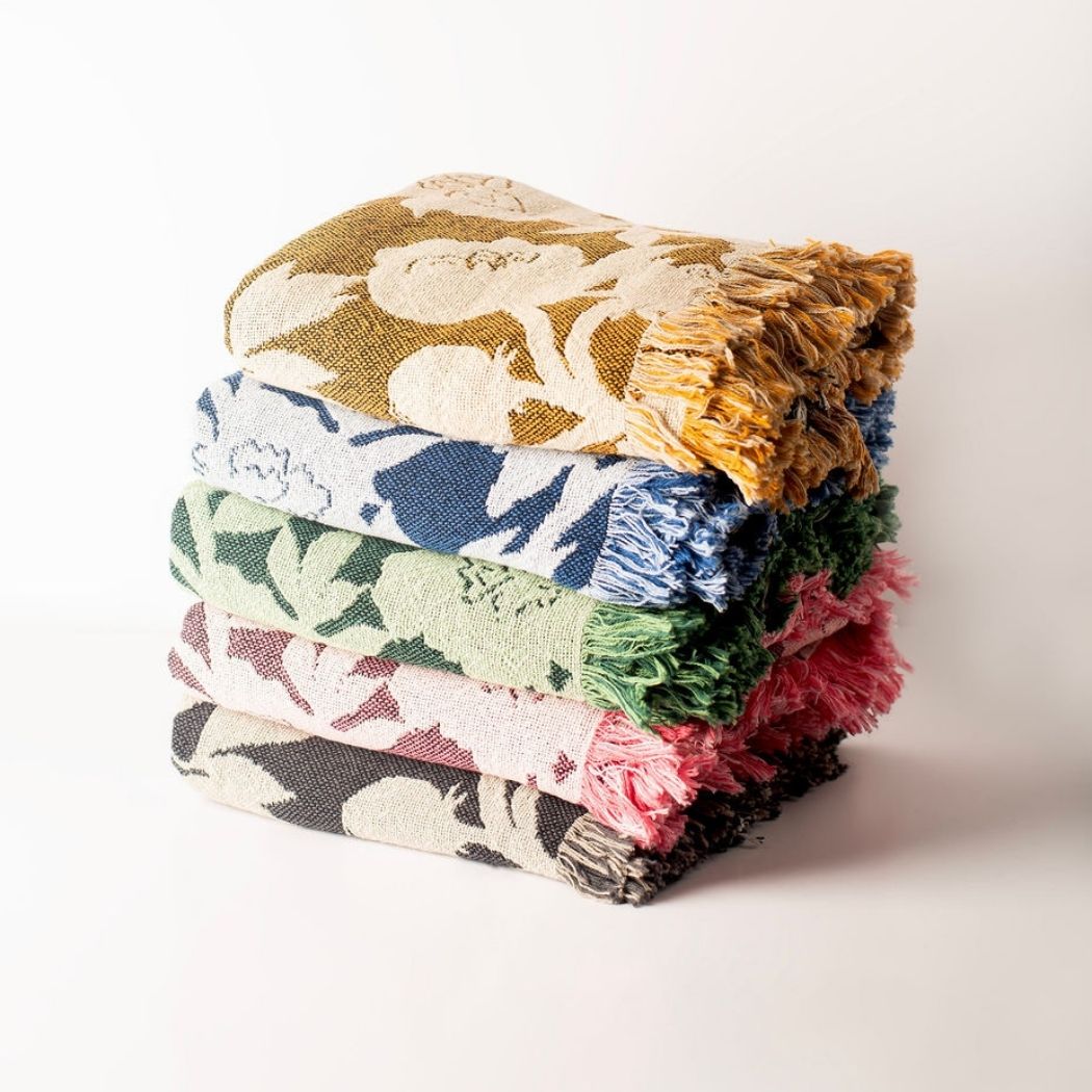 Gold Floral Jacquard Woven Throw Blanket, Reversible Cotton Throw, Made in USA | Addy Ochre