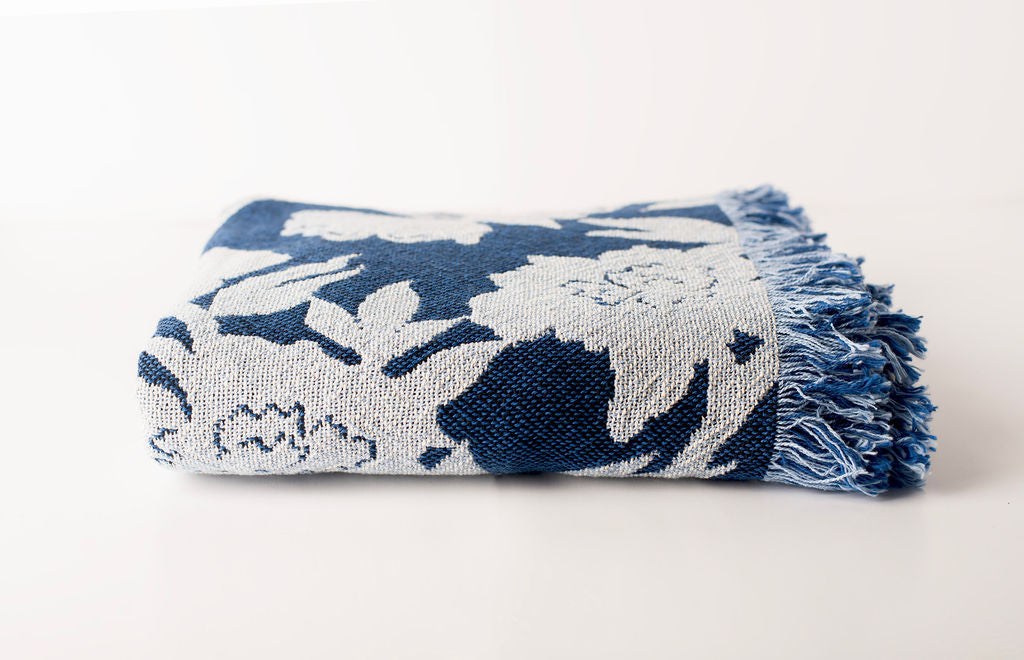 Blue Floral Jacquard Woven Throw Blanket, Reversible Cotton Throw, Made in USA | Addy Delft
