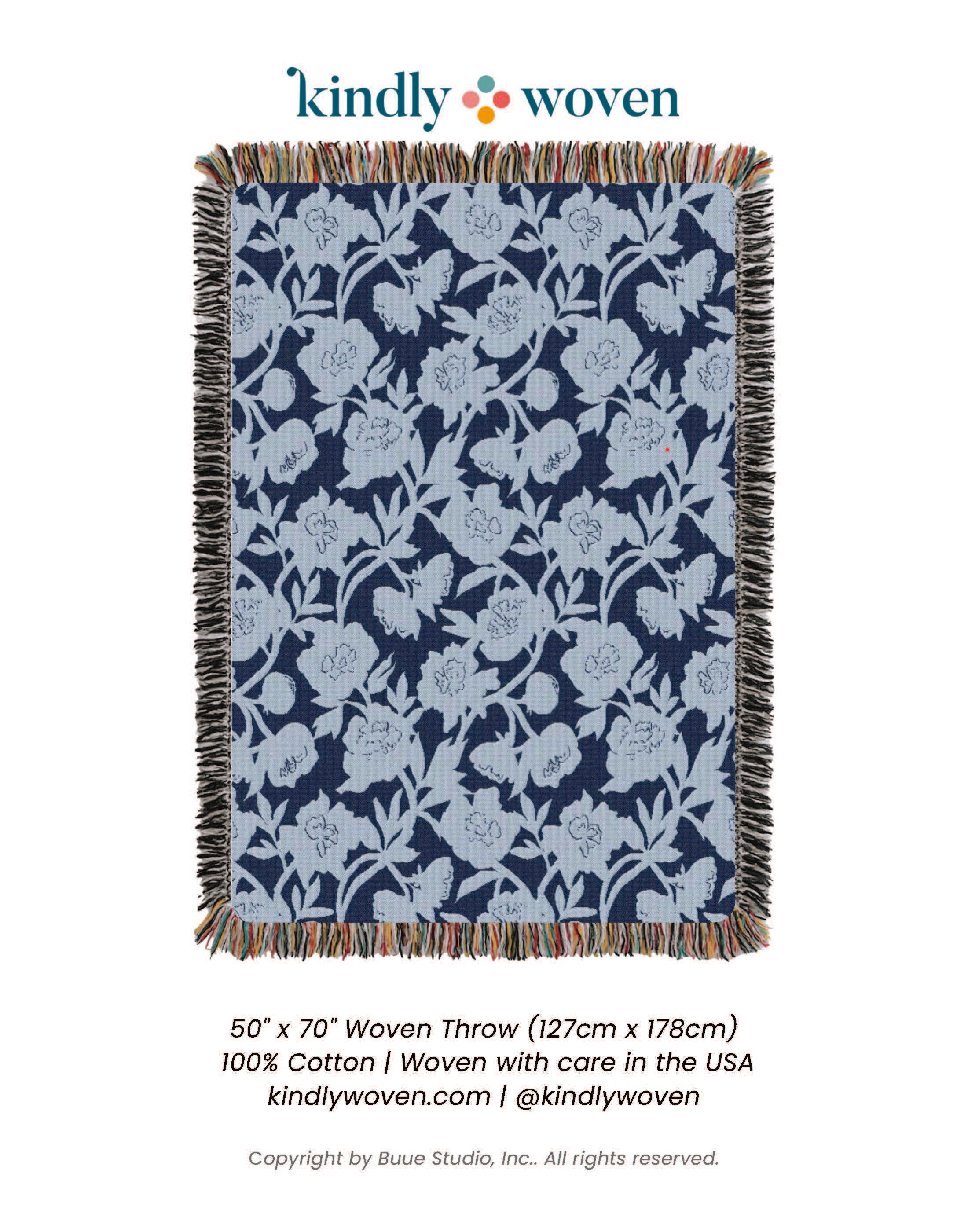 Blue Floral Jacquard Woven Throw Blanket, Reversible Cotton Throw, Made in USA | Addy Delft