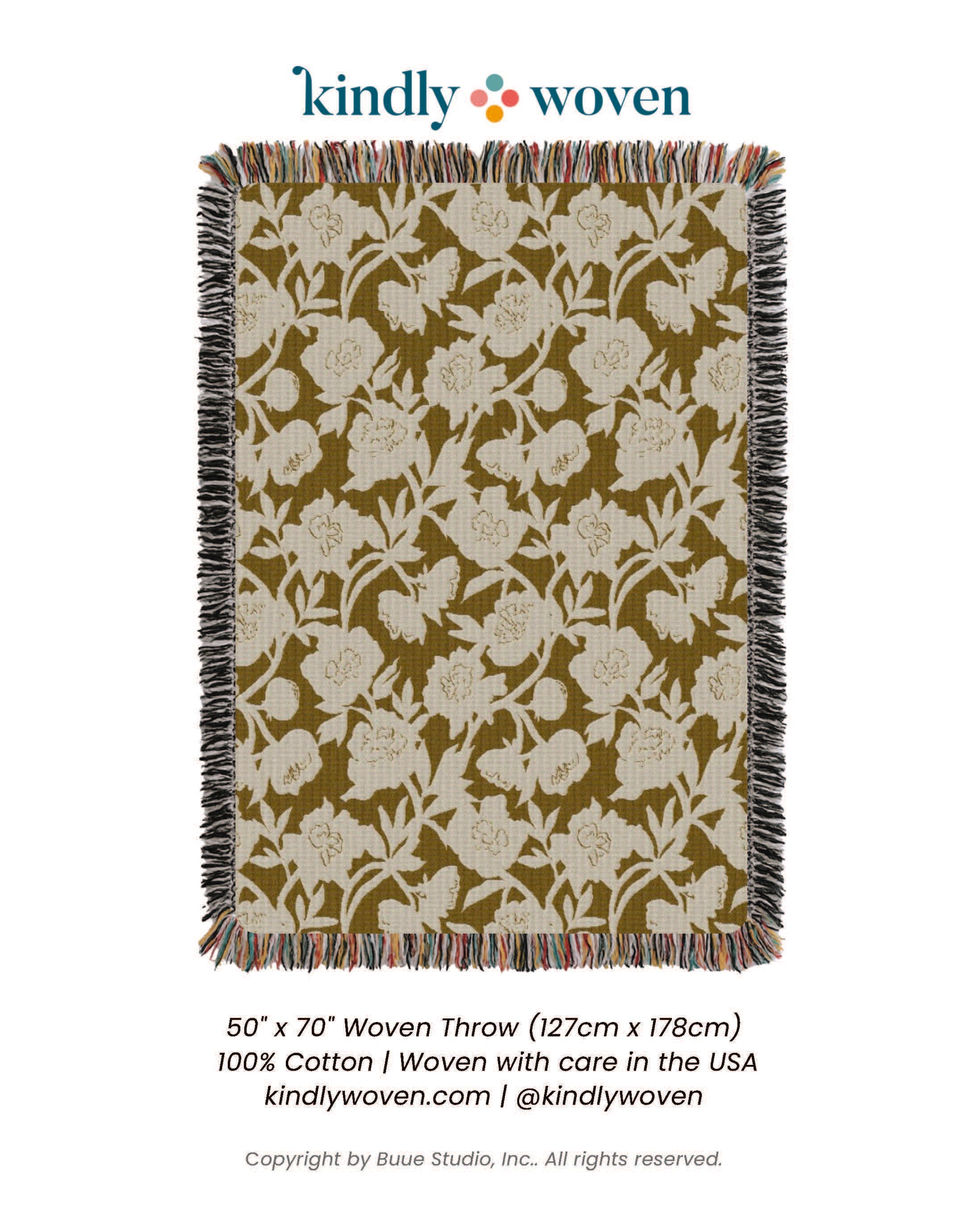 Gold Floral Jacquard Woven Throw Blanket, Reversible Cotton Throw, Made in USA | Addy Ochre