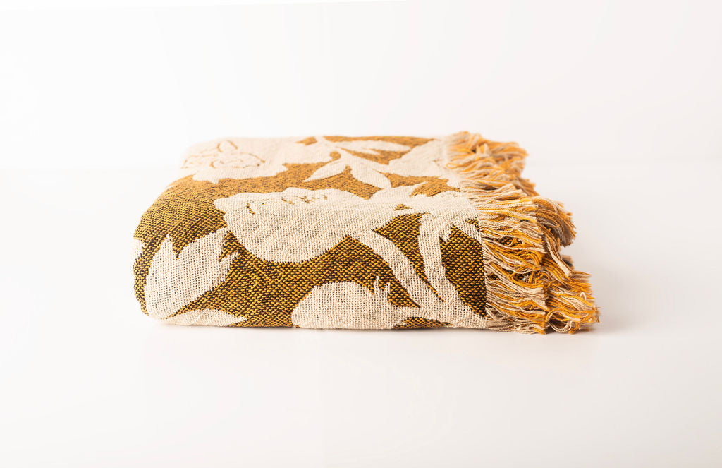 Gold Floral Jacquard Woven Throw Blanket, Reversible Cotton Throw, Made in USA | Addy Ochre