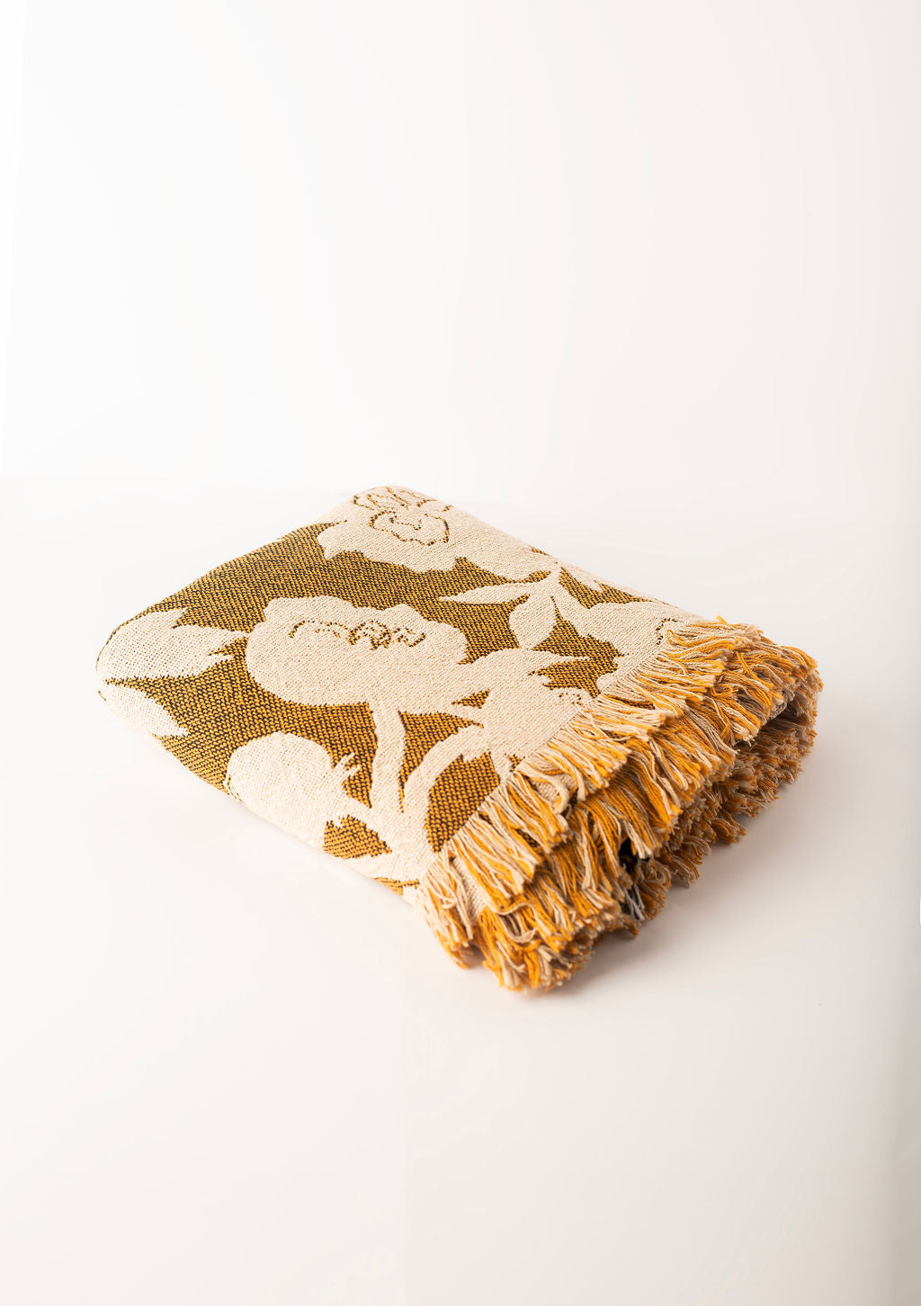 Gold Floral Jacquard Woven Throw Blanket, Reversible Cotton Throw, Made in USA | Addy Ochre