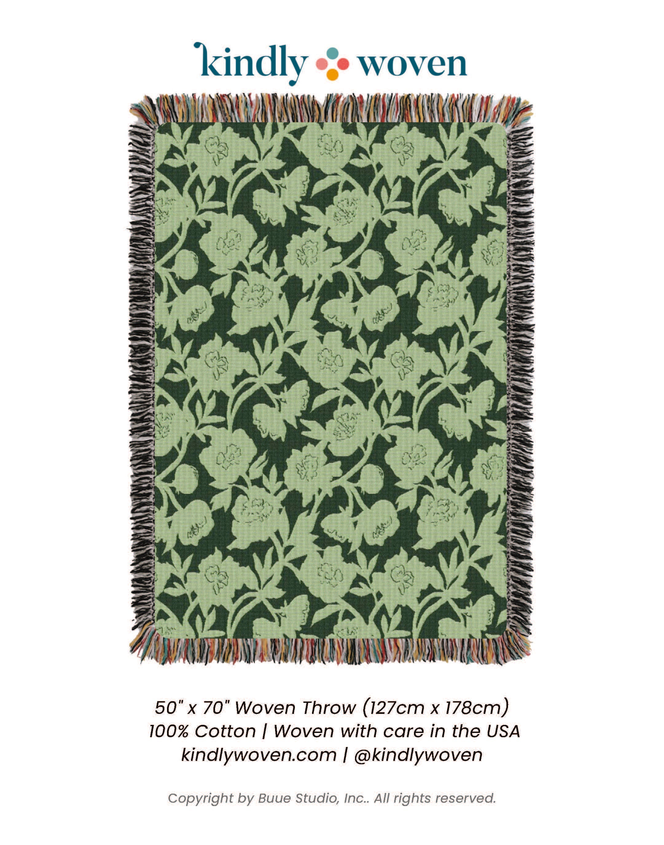 Green Floral Jacquard Woven Throw Blanket, Reversible Cotton Throw, Made in USA | Addy Spruce