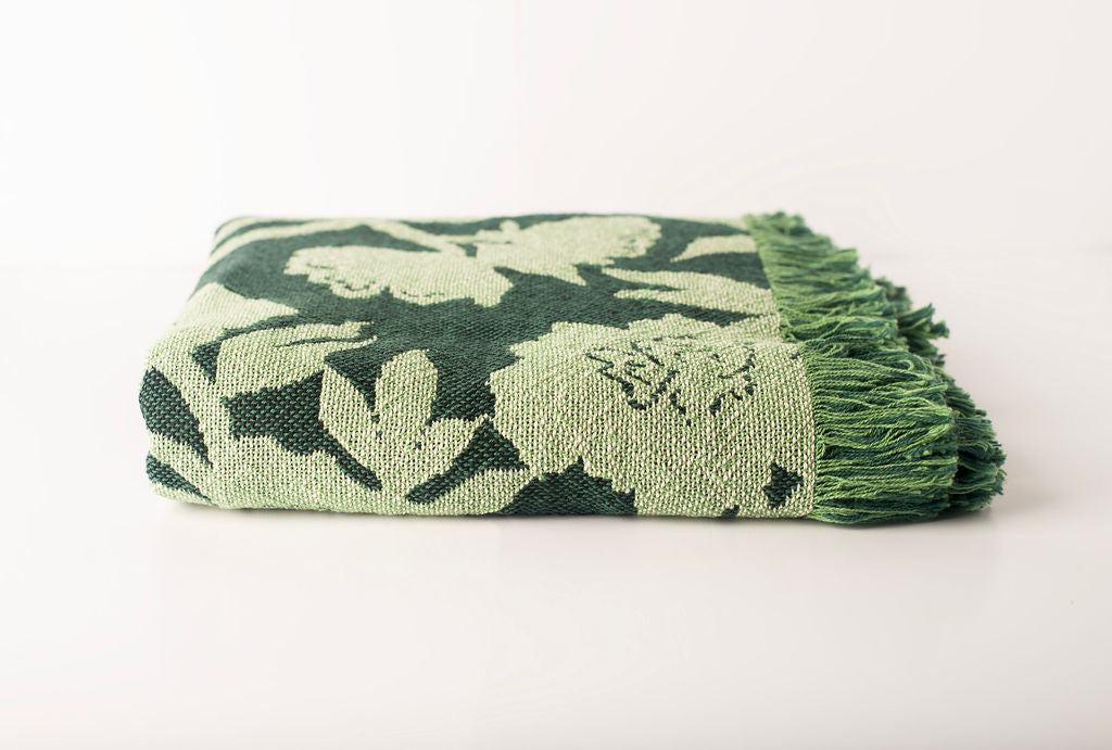 Green Floral Jacquard Woven Throw Blanket, Reversible Cotton Throw, Made in USA | Addy Spruce