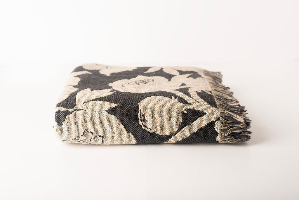 Neutral Floral Jacquard Woven Throw Blanket, Reversible Cotton Throw, Made in USA | Addy Tuffet
