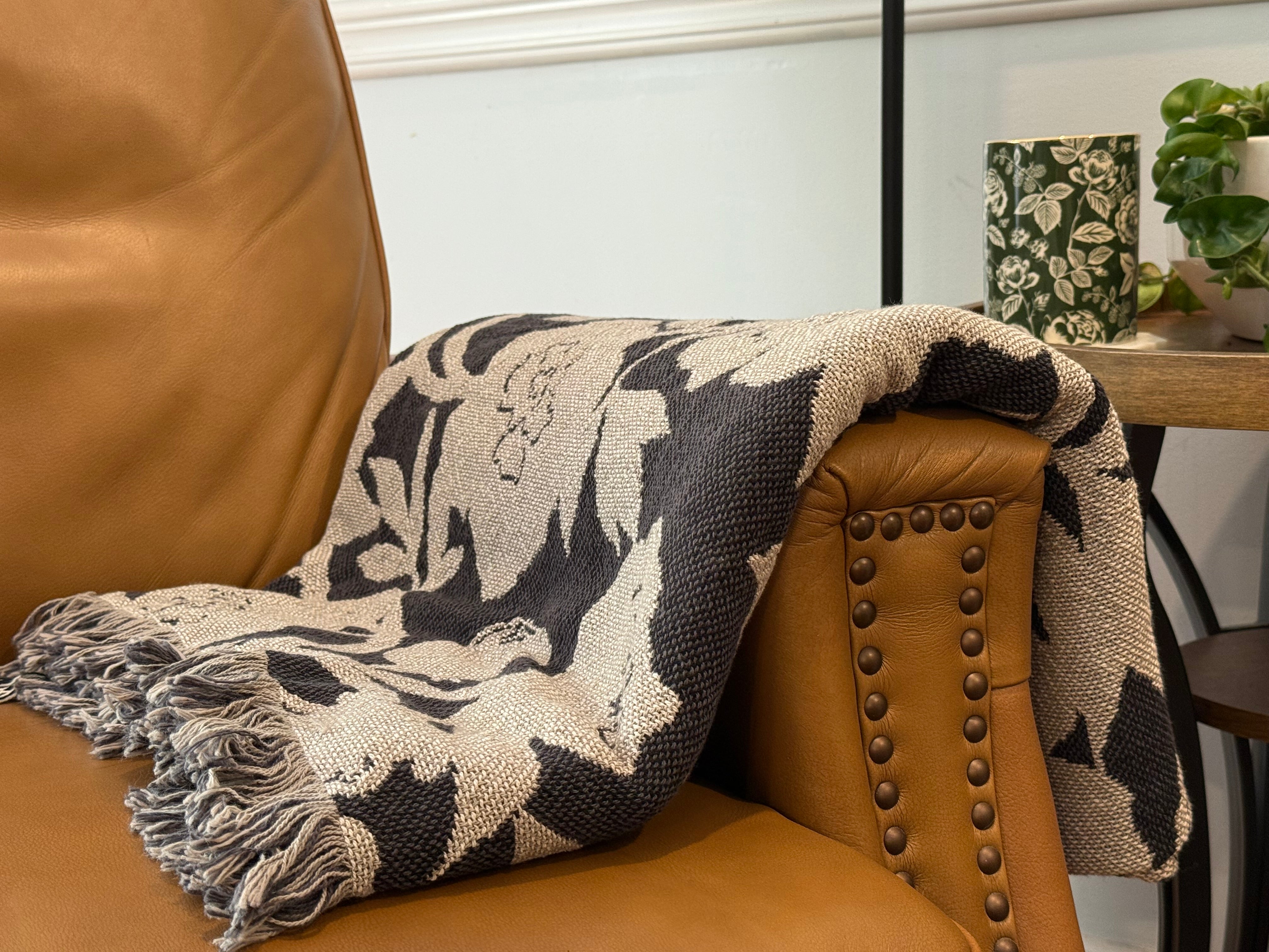 Green Floral Jacquard Woven Throw Blanket, Reversible Cotton Throw, Made in USA | Addy Spruce