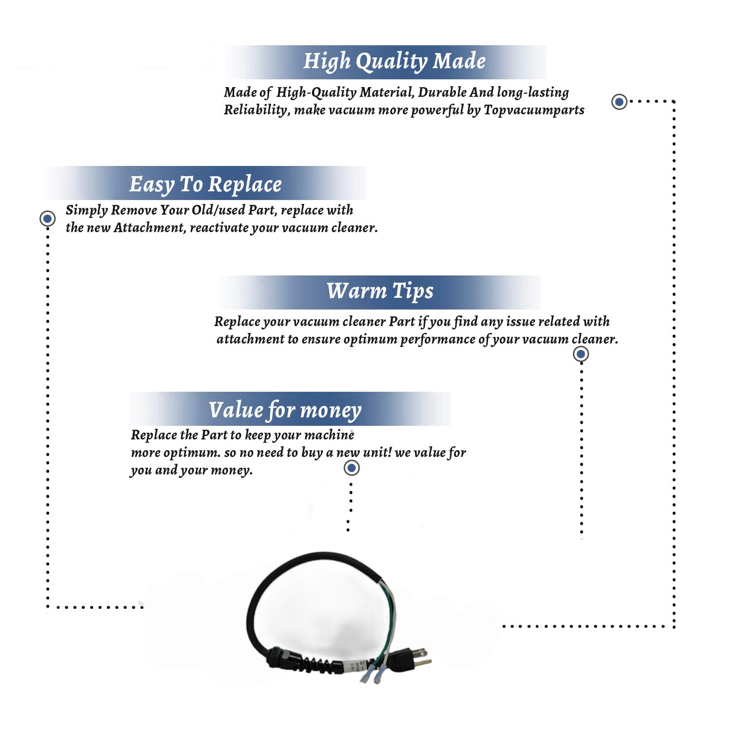 Topvacuumparts Replacement Part For Eureka Vacuum Cleaner PF300BP, Black Harness Short Power 3-Wire Cord # compare to part B352-3200