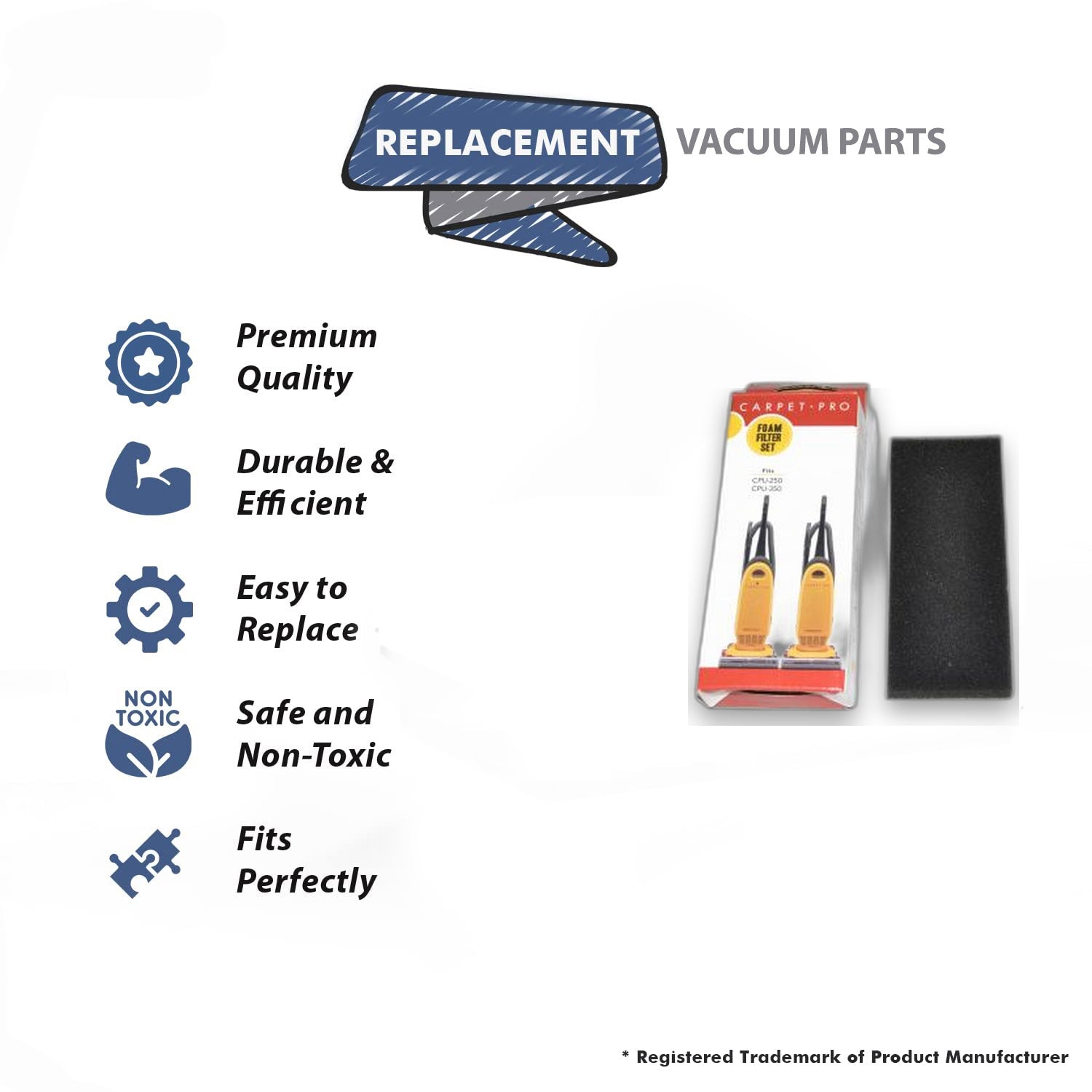 Topvacuumparts Replacement Part For Carpet Pro, CPU 250 1 Primary 1 Secondary Vacuum Cleaner Filter # compare to part CPU250 F