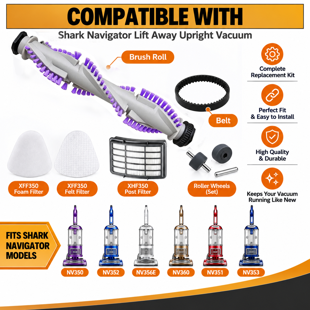 Topvacuumparts Filter Kit for Shark Navigator Lift Vacuum NV350 NV352 NV356E,Parts 1 HEPA Filter+1 Foam & 1 Felt Filter+1 Brush Roller+1 Belt & 2Wheel