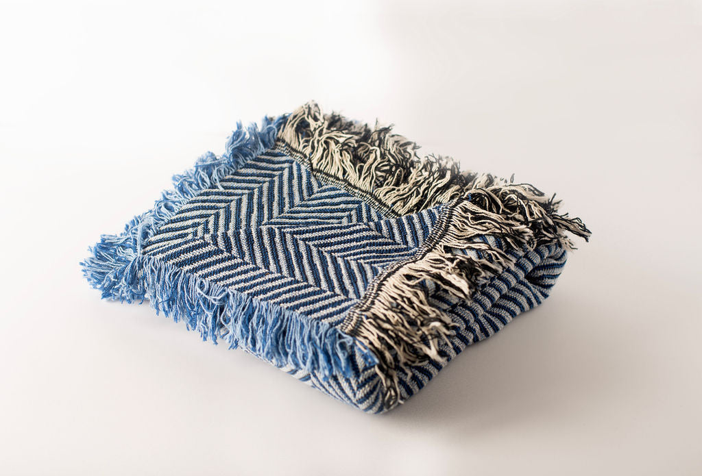 Blue Herringbone Jacquard Woven Throw Blanket, Reversible Cotton Throw, Made in USA | Henry Chambray