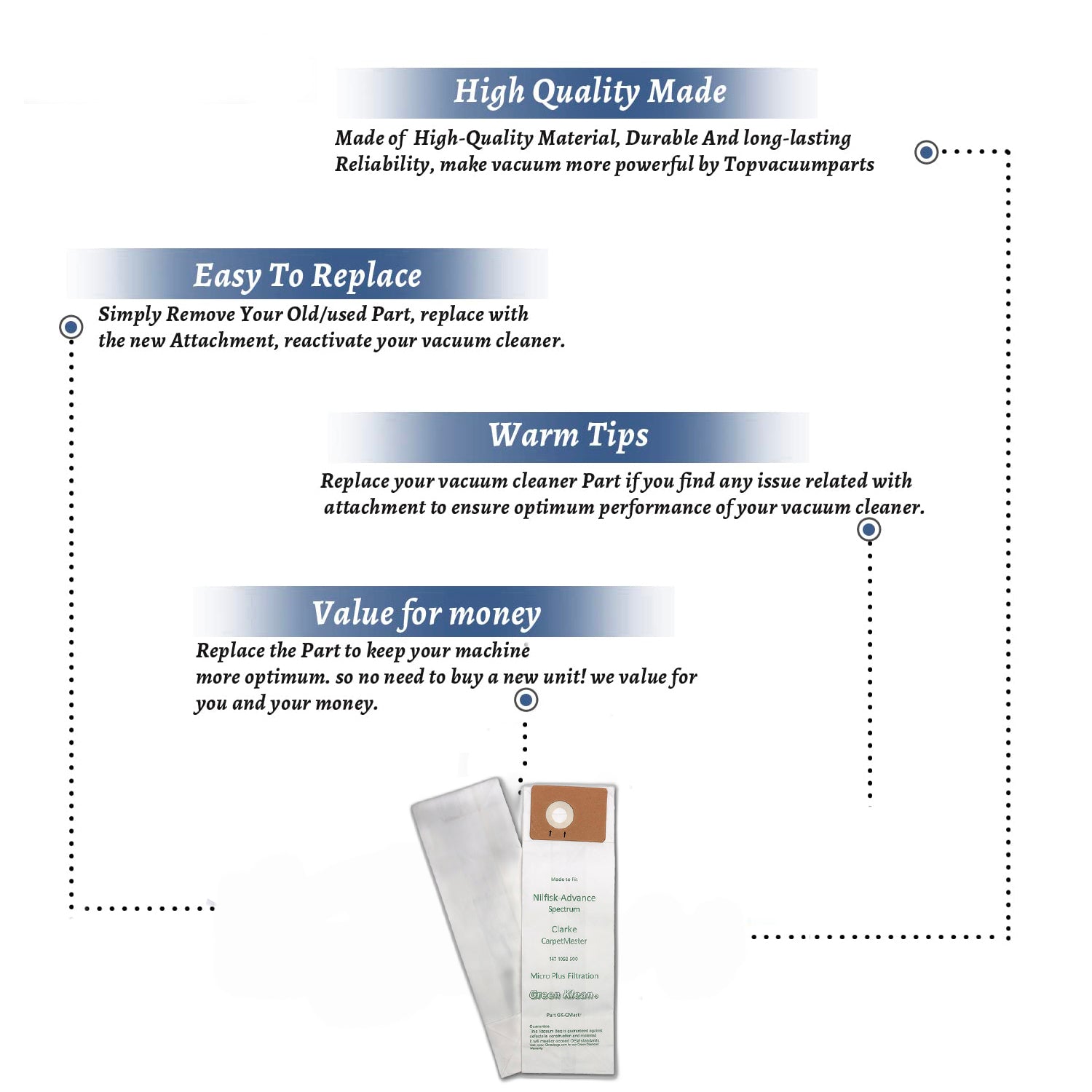 Topvacuumparts Replacement Part For Advance Spectrum, Clarke Vacuum Cleaner Paper Bag 10PK # compare to part GK-CMASTER