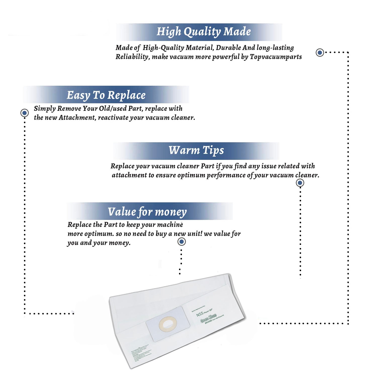 Topvacuumparts Replacement Part For NSS Vacuum Cleaner Paper Bag, GK NSS Pacer 30 WAV, 3Pk # compare to part GK-PACER30