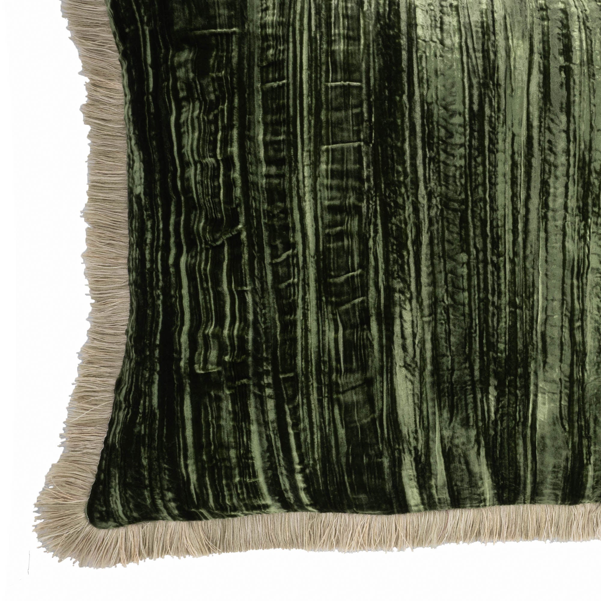 Green Silk Velvet Throw Pillow, Beige Fringes 20