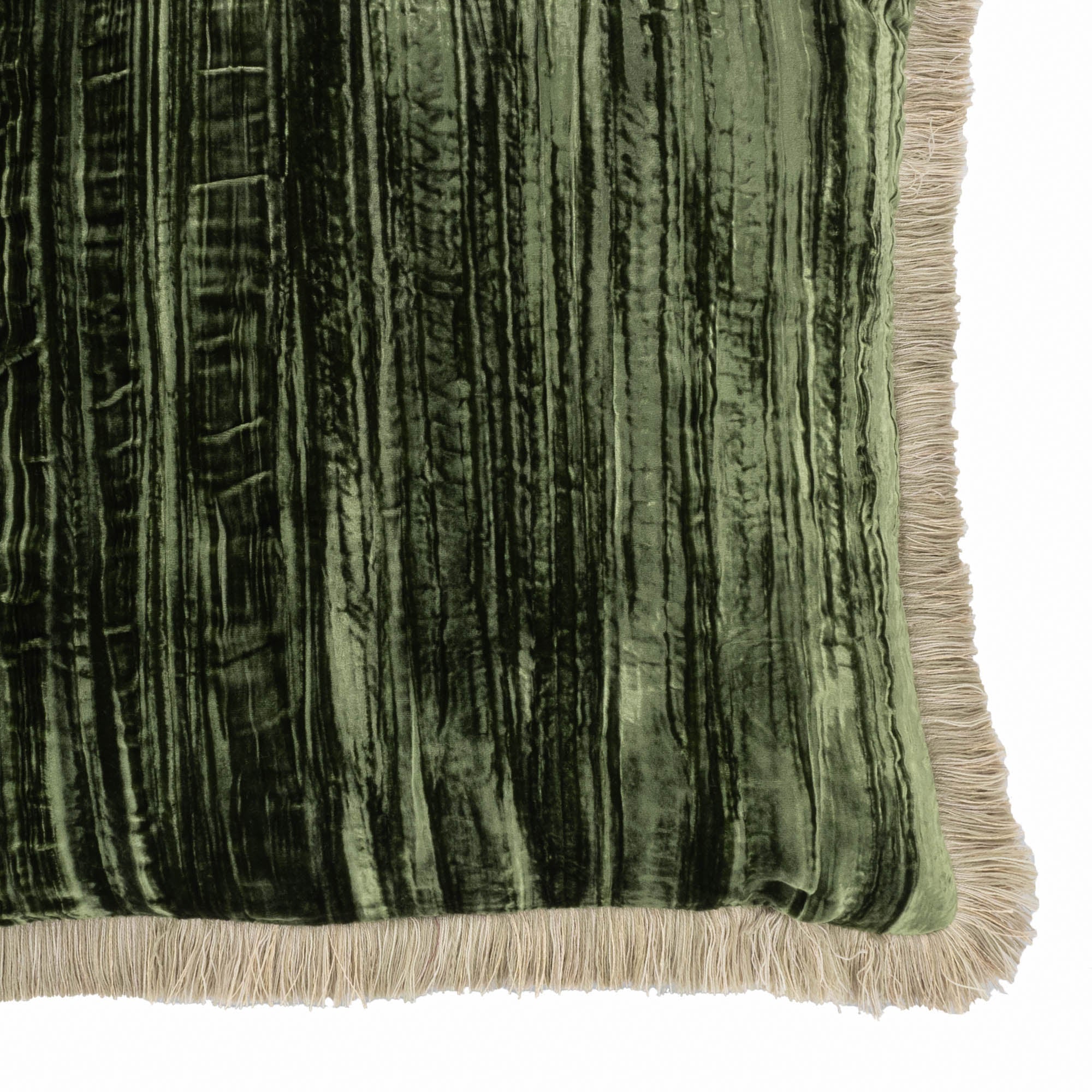 Green Silk Velvet Throw Pillow, Beige Fringes 20