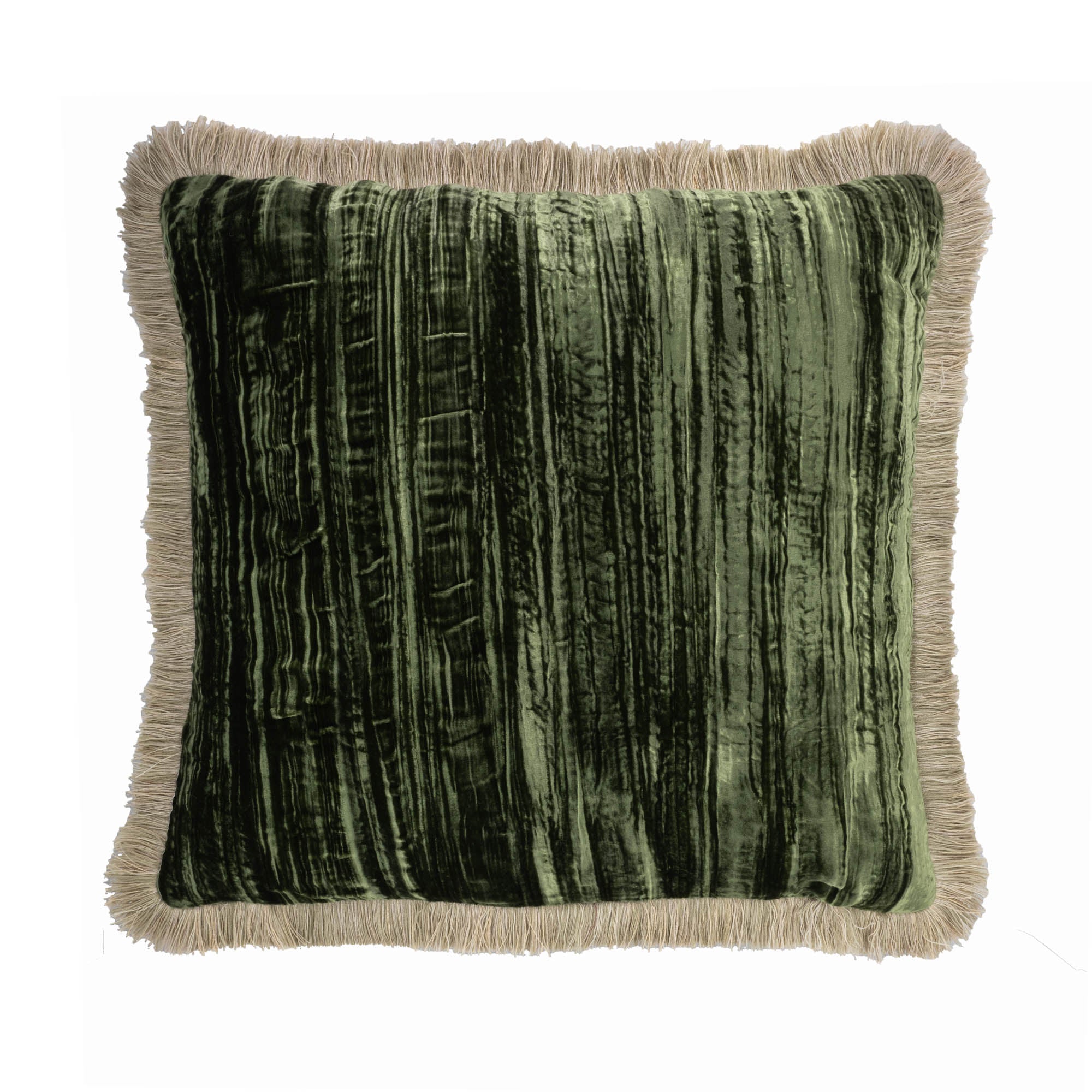 Green Silk Velvet Throw Pillow, Beige Fringes 20