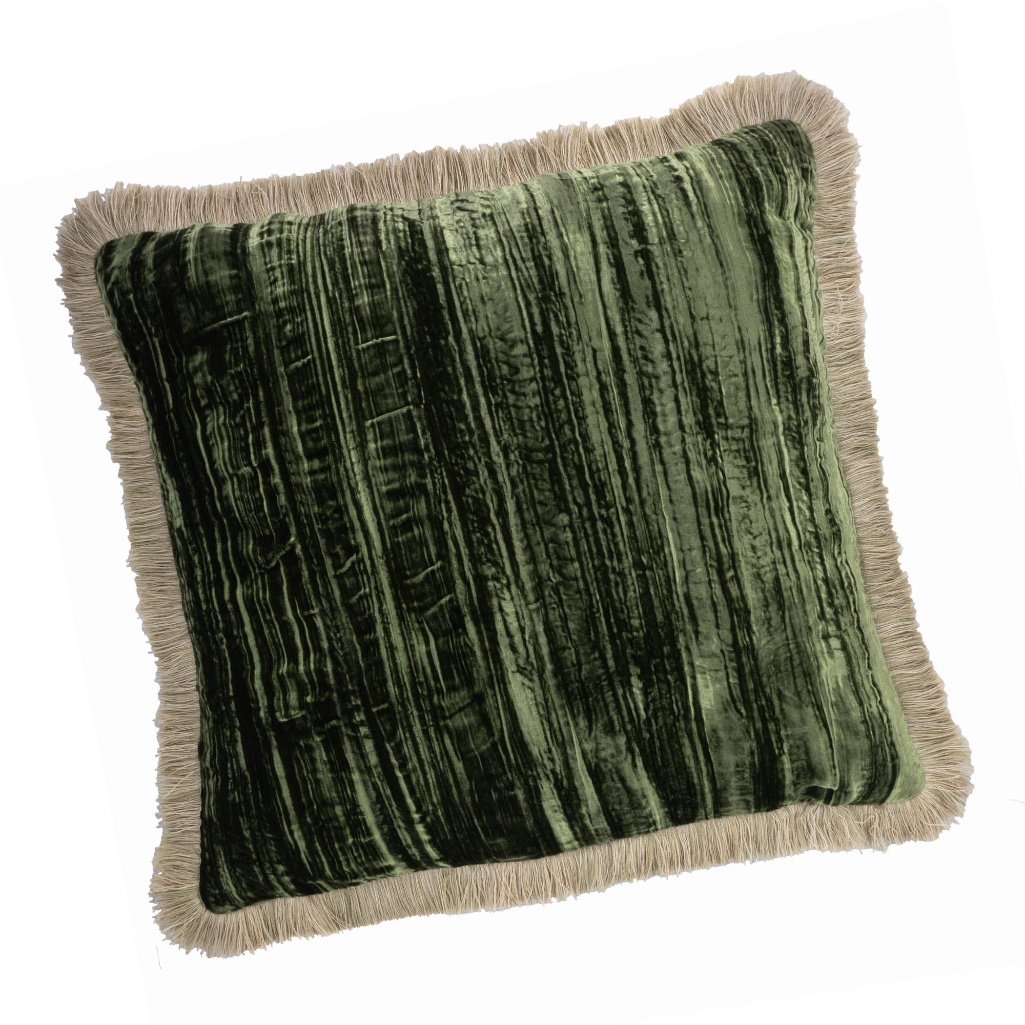 Green Silk Velvet Throw Pillow, Beige Fringes 20